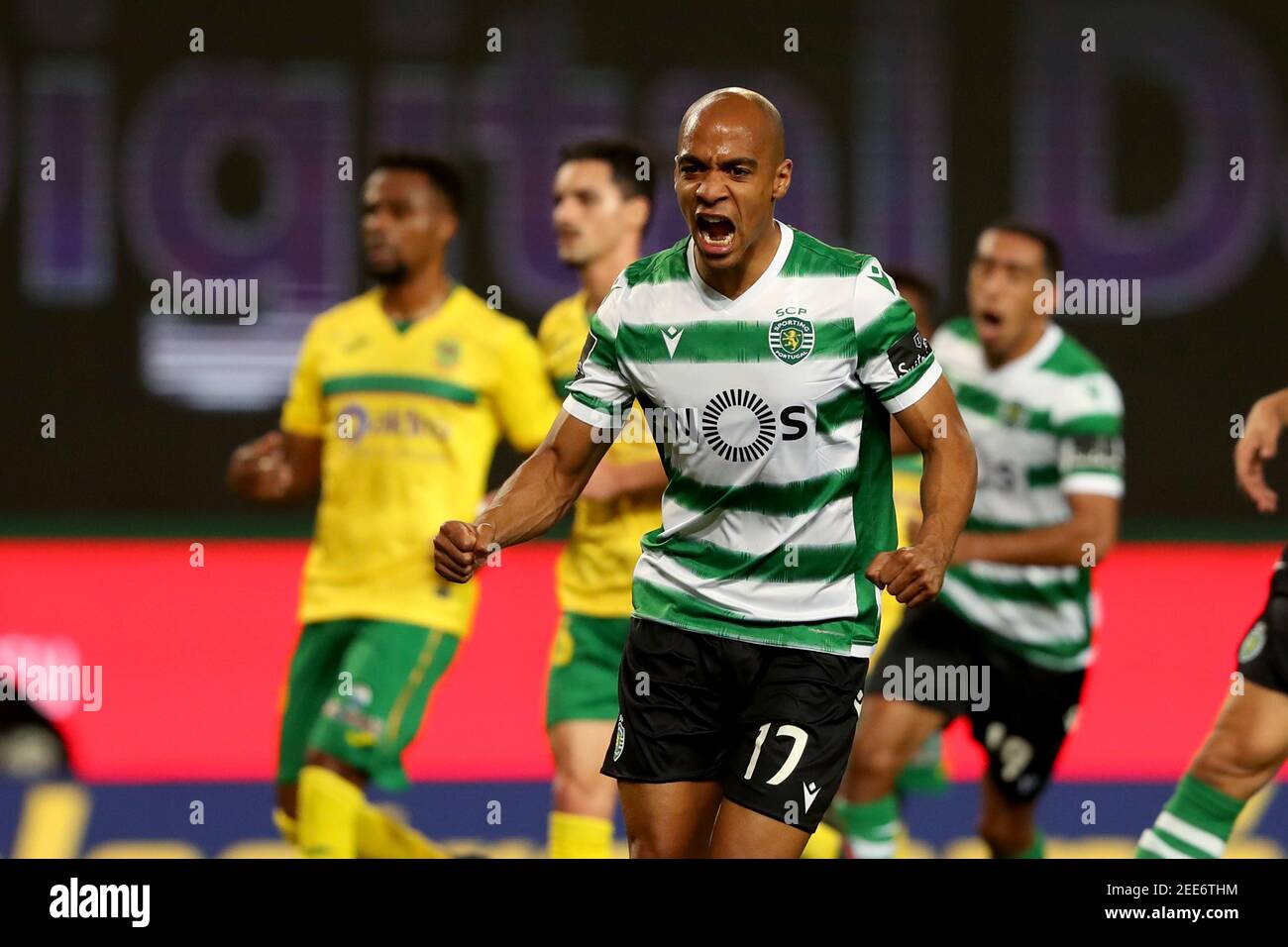 Lisbon, Portugal. 15th Feb, 2021. Joao Mario of Sporting CP celebrates after scoring a goal during the Portuguese League football match between Sporting CP and FC Pacos de Ferreira at Jose Alvalade stadium in Lisbon, Portugal on February 15, 2021. Credit: Pedro Fiuza/ZUMA Wire/Alamy Live News Stock Photo