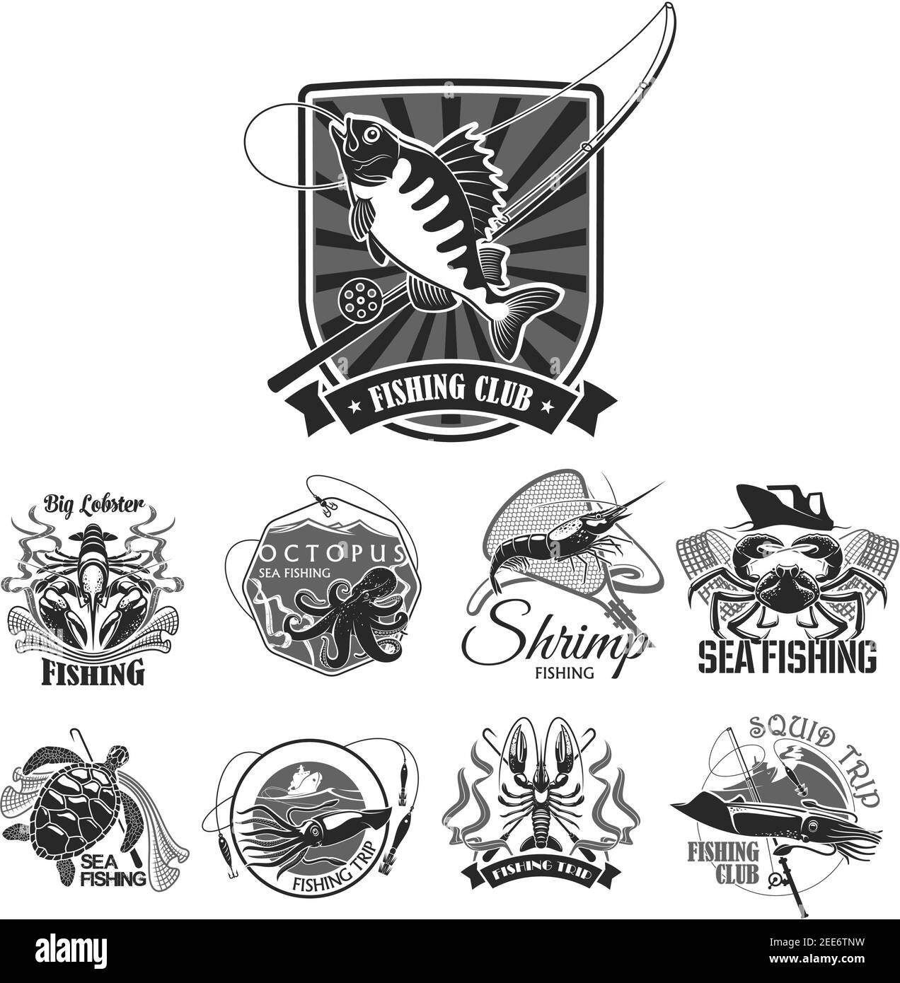 Fishing club icons of fisher badges for seafood or fish catch of perch, crab, squid or shrimp and octopus. Vector symbols of fisherman rods and net, b Stock Vector