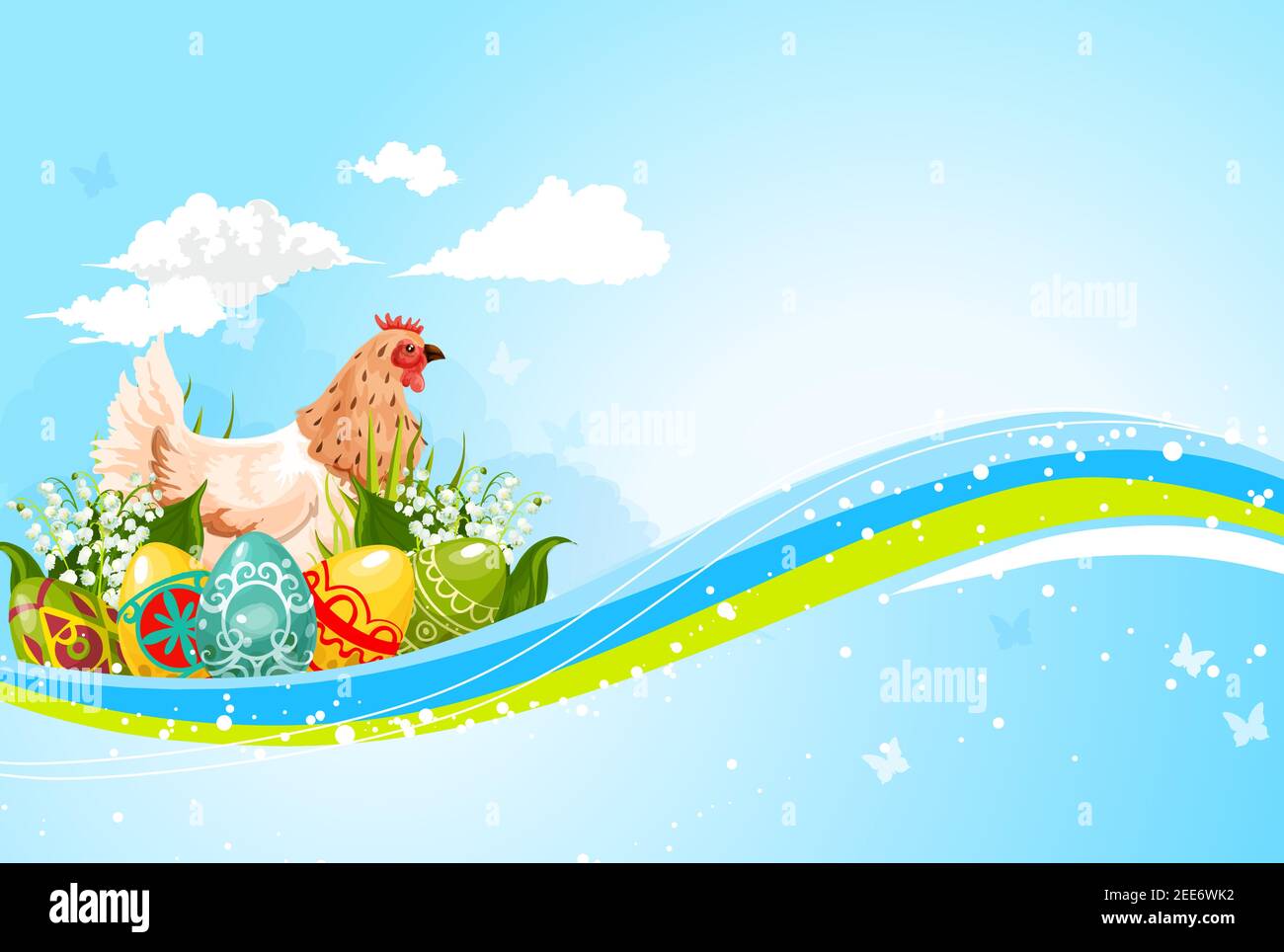 Happy Easter greeting card. Symbol of paschal eggs and hen chick in ...