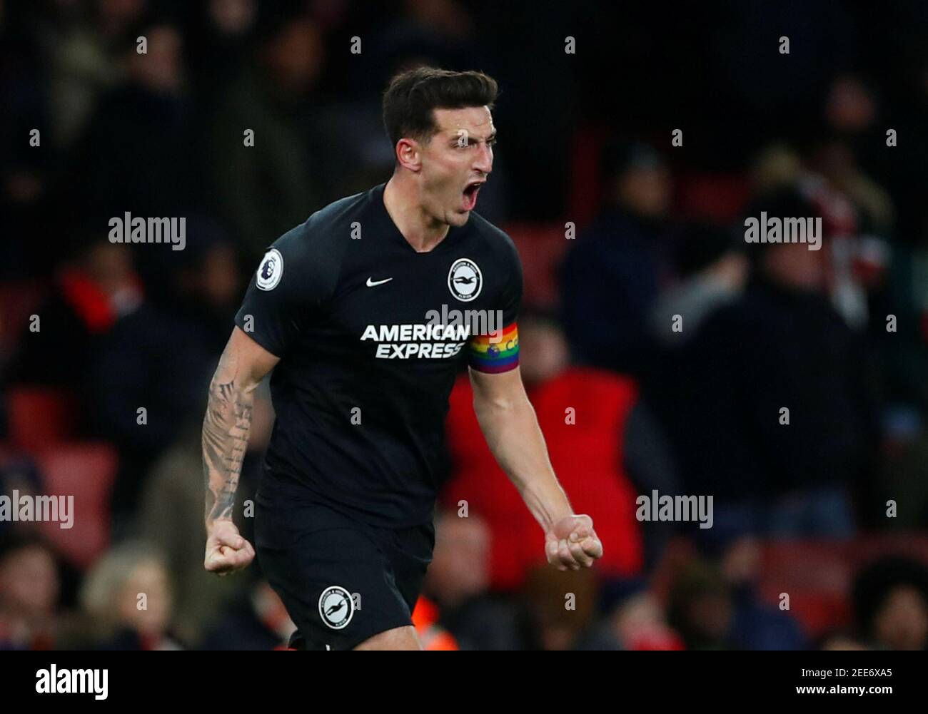 Soccer Football - Premier League - Arsenal v Brighton & Hove Albion - Emirates Stadium, London, Britain - December 5, 2019   Brighton & Hove Albion's Lewis Dunk celebrates after the match                REUTERS/Eddie Keogh    EDITORIAL USE ONLY. No use with unauthorized audio, video, data, fixture lists, club/league logos or 'live' services. Online in-match use limited to 75 images, no video emulation. No use in betting, games or single club/league/player publications.  Please contact your account representative for further details. Stock Photo