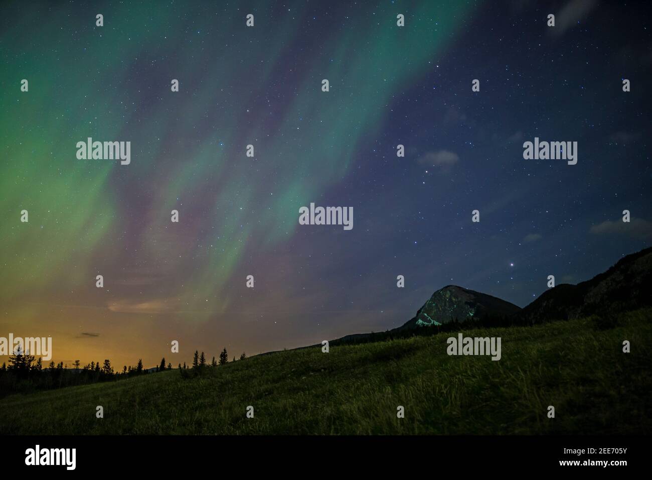 Aurora Borealis (Northern Lights) from the Canadian Rockies during a spring night Stock Photo
