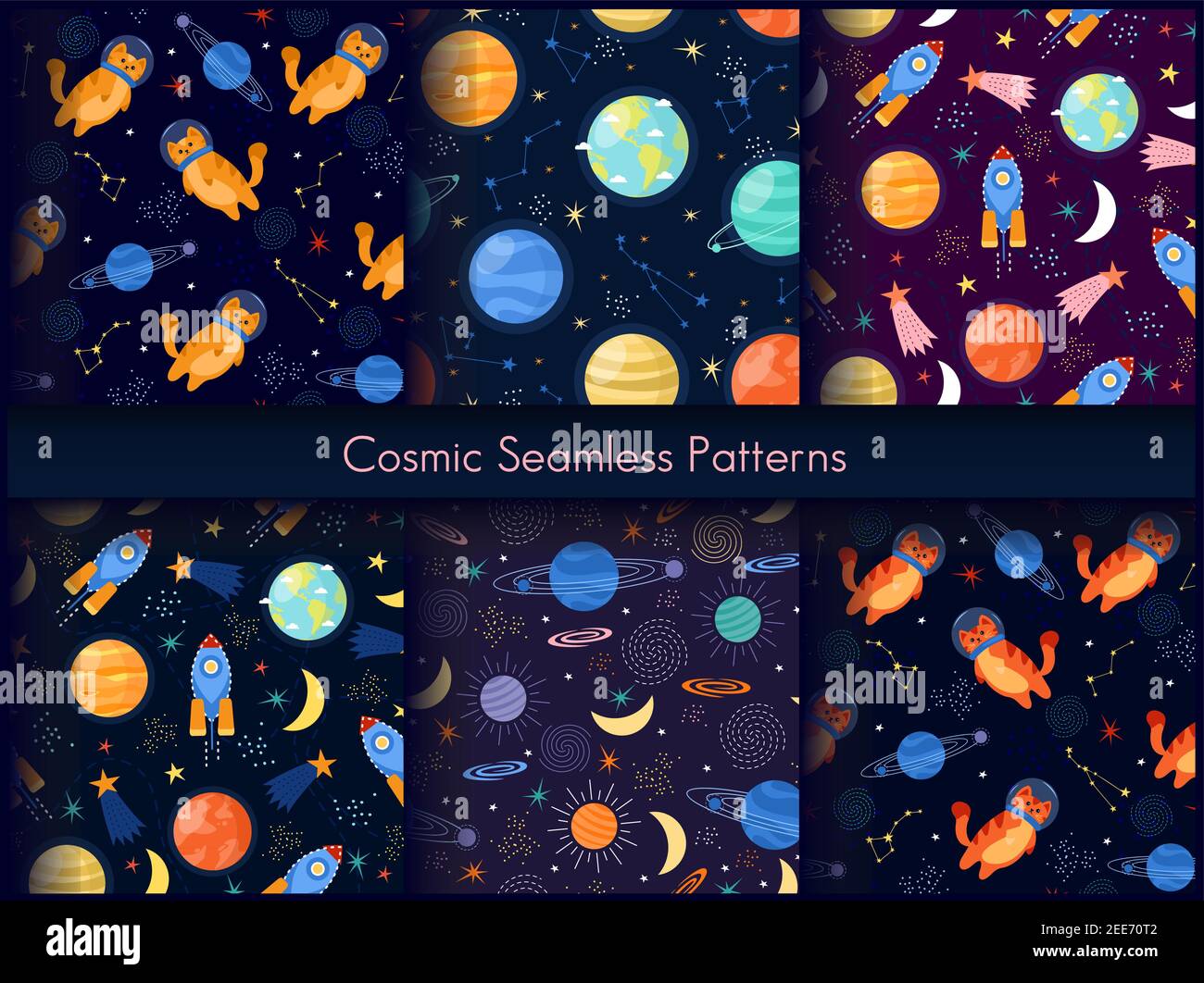 Space cosmic seamless pattern print design set, cartoon cosmos universe exploration Stock Vector