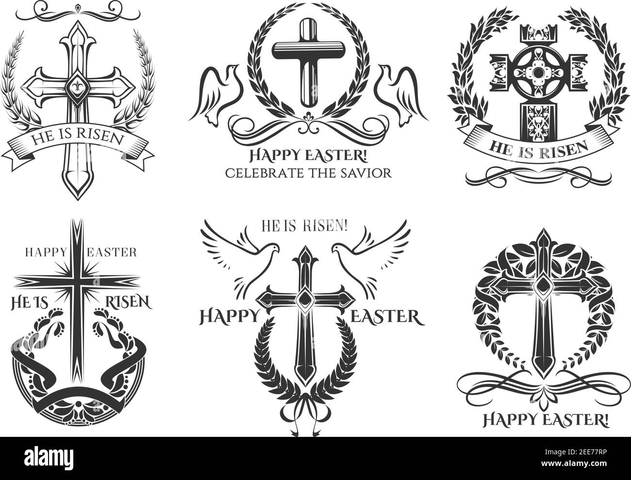Easter icons of crucifix cross and paschal he is risen, be blessed, celebrate savior. Vector Happy Easter symbols of Christian catholic or orthodox re Stock Vector Image & Art - Alamy
