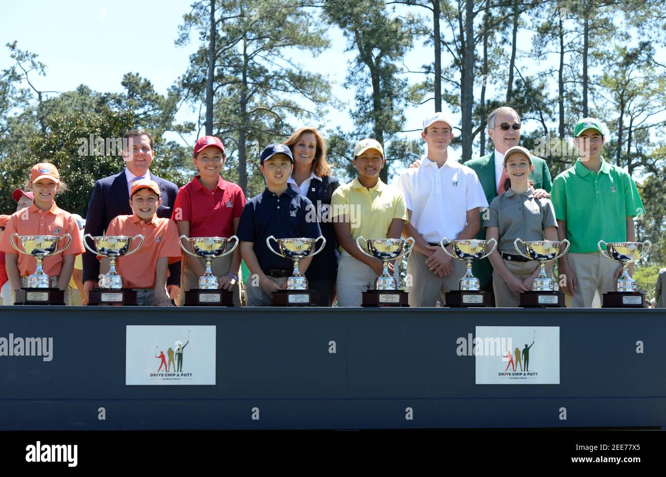 Apr 3, 2016; Augusta, GA, USA; The eight age-group winners at the 2016 Drive, Chip and Putt Championship at Augusta National GC. From Left in front row they are Emerson Blair and Stephen Robert Hernandez in the 7-9 year olds. Alexa Pano and Christian Kim in the 10-11 year olds. Kayla Sam and Ty Griggs in the 12-13 year olds. Alyssa Montgomery and Michael Thorbjornsen won the 14-15 year olds.  Mandatory Credit: Michael Madrid -USA TODAY Sports  / Reuters  Picture Supplied by Action Images *** Local Caption *** 2016-04-03T180907Z 1719735945 NOCID RTRMADP 3 PGA-DRIVE-CHIP-AND-PUTT-CHAMPIONSHIP.JP Stock Photo