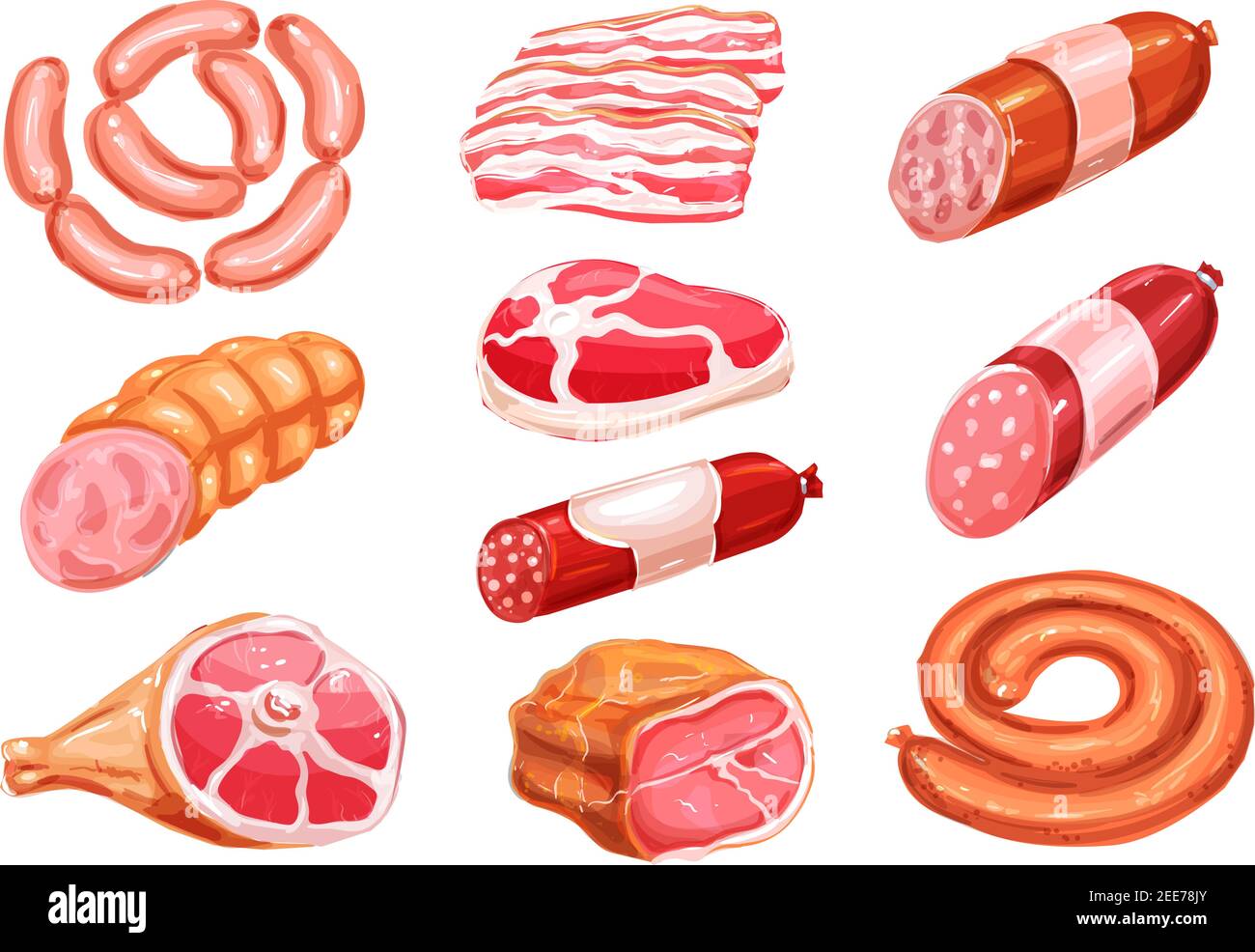 Meat product watercolor drawing set. Fresh beef steak, pork sausage