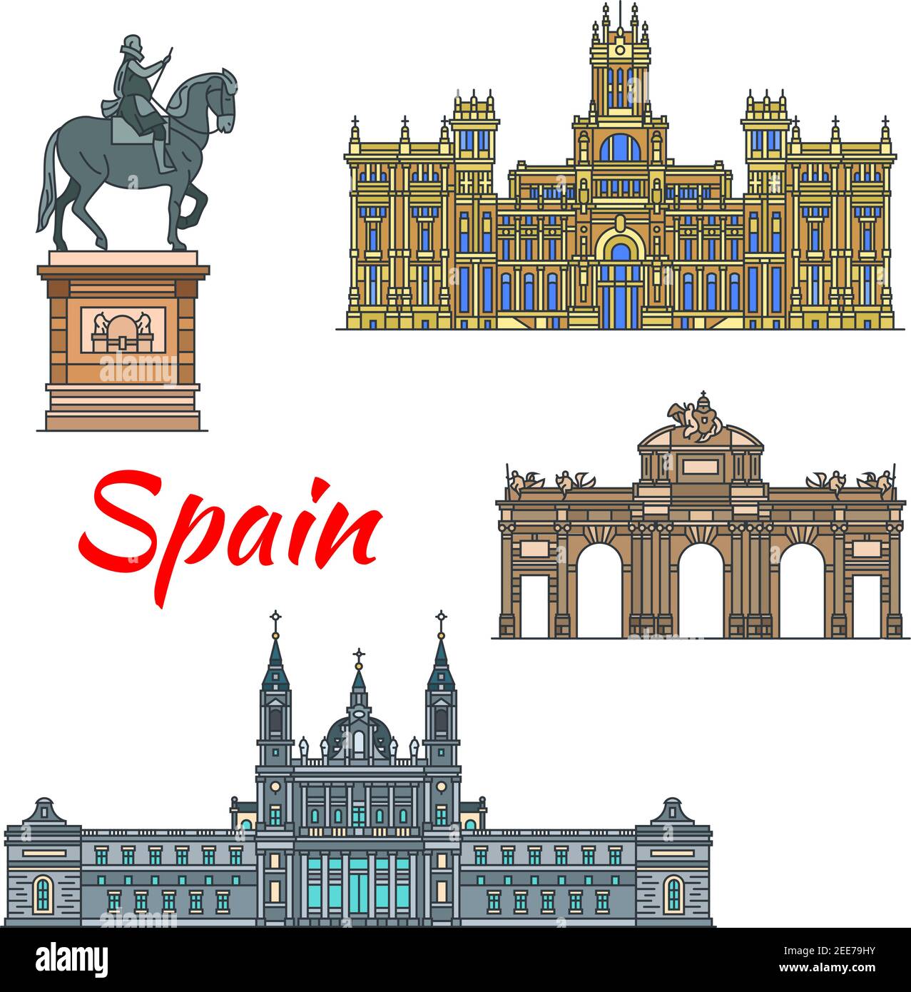 Spanish travel landmark of Madrid thin line icon set. Cybele Palace, catholic Almudena Cathedral, triumphal arch Alcala Gate and Plaza Mayor Statue Of Stock Vector