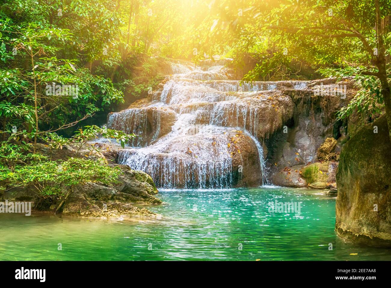 Forest and waterfall at Ton Nga Chang Waterfall, Erawan, Songkhla, Thailand. Tourustic attraction and famous sightseeng, natural outdoor jungles landscape Stock Photo