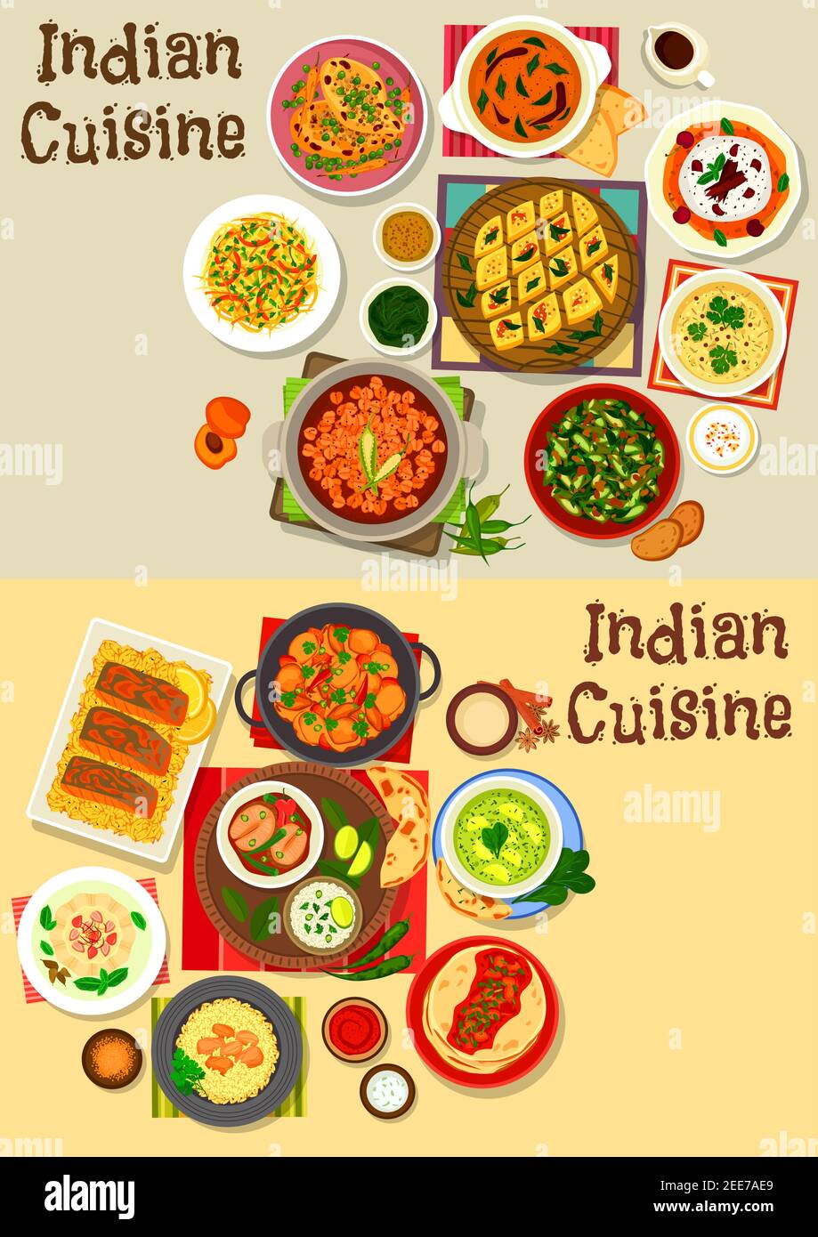 Indian cuisine healthy dinner icon set with chicken, fish and chickpea curry with rice, vegetable salad, lentil and tomato chutney, chilli potato stew Stock Vector
