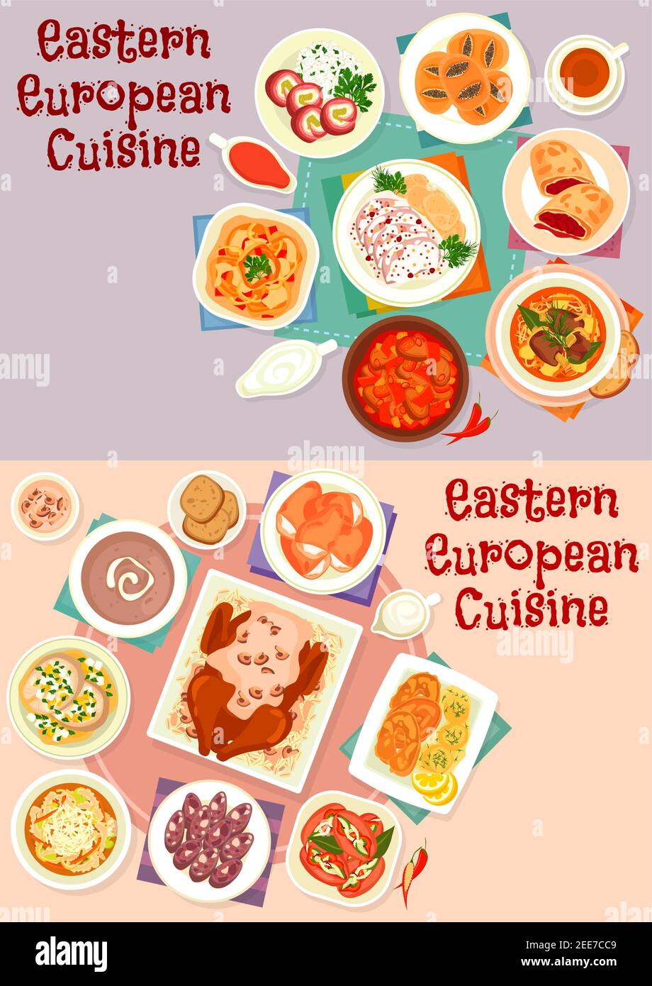 Eastern european cuisine menu icon set with beef, duck and fish baked with sauce, bread and meat soup, pickled sausage, vegetable beef stew, meat roll Stock Vector