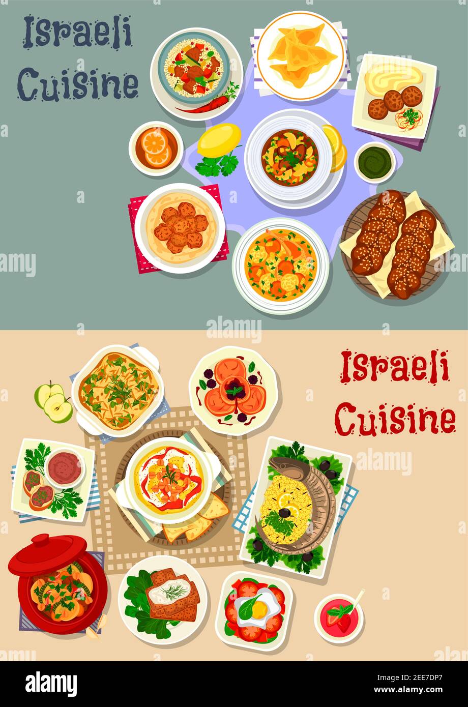 Israeli cuisine Shabbat dinner icon set with meat vegetable soup, stew, chicken dumplings, stuffed fish and forshmak, chickpea hummus and falafel, mea Stock Vector