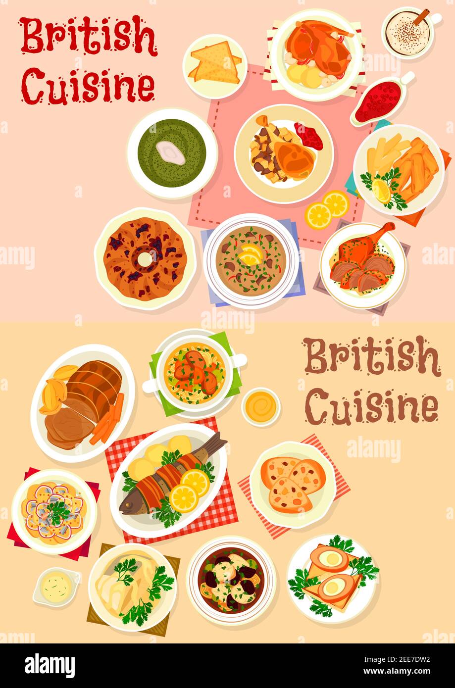 British cuisine lunch icon set of baked meat and fish with bacon, fruit and mint sauce, scotch egg in sausage meat, fish and chip, potato salad, soup Stock Vector