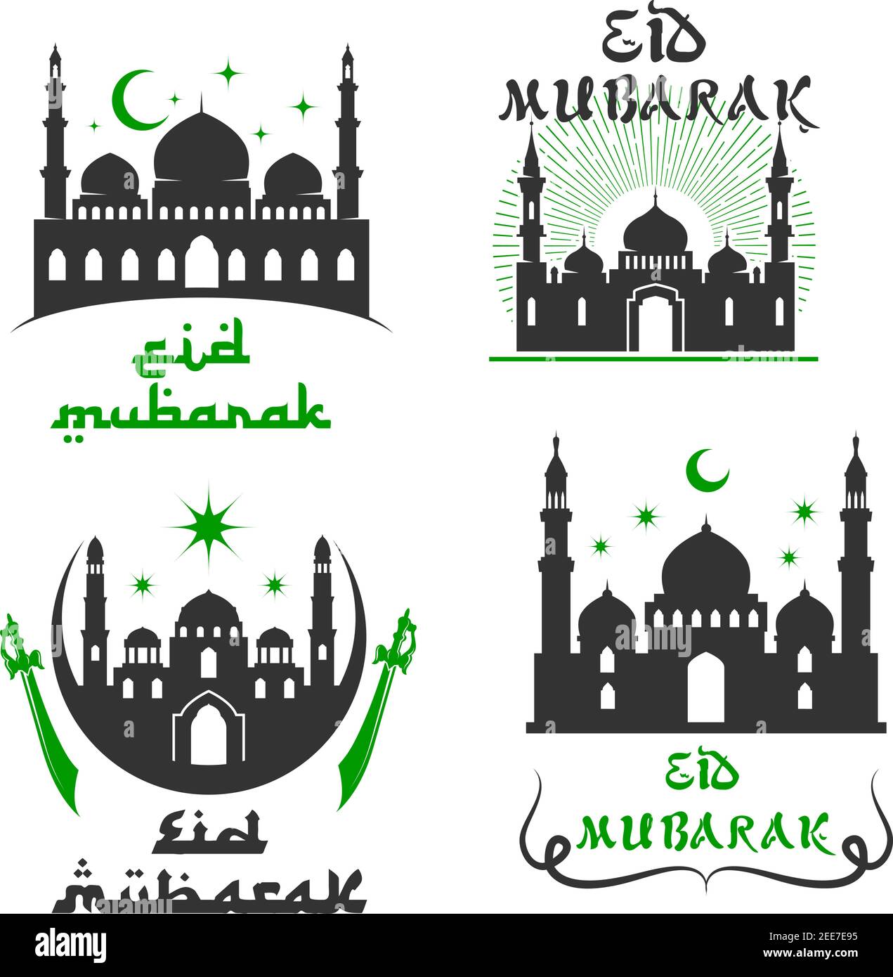 Eid Mubarak greetings set of mosque, crescent moon and twinkling star, swords or sabers and Arabic calligraphy for Islamic or Muslim traditional relig Stock Vector