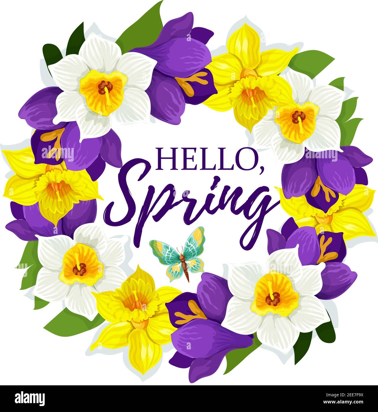 Hello Spring poster of daffodils floral wreath or narcissus bunch for ...