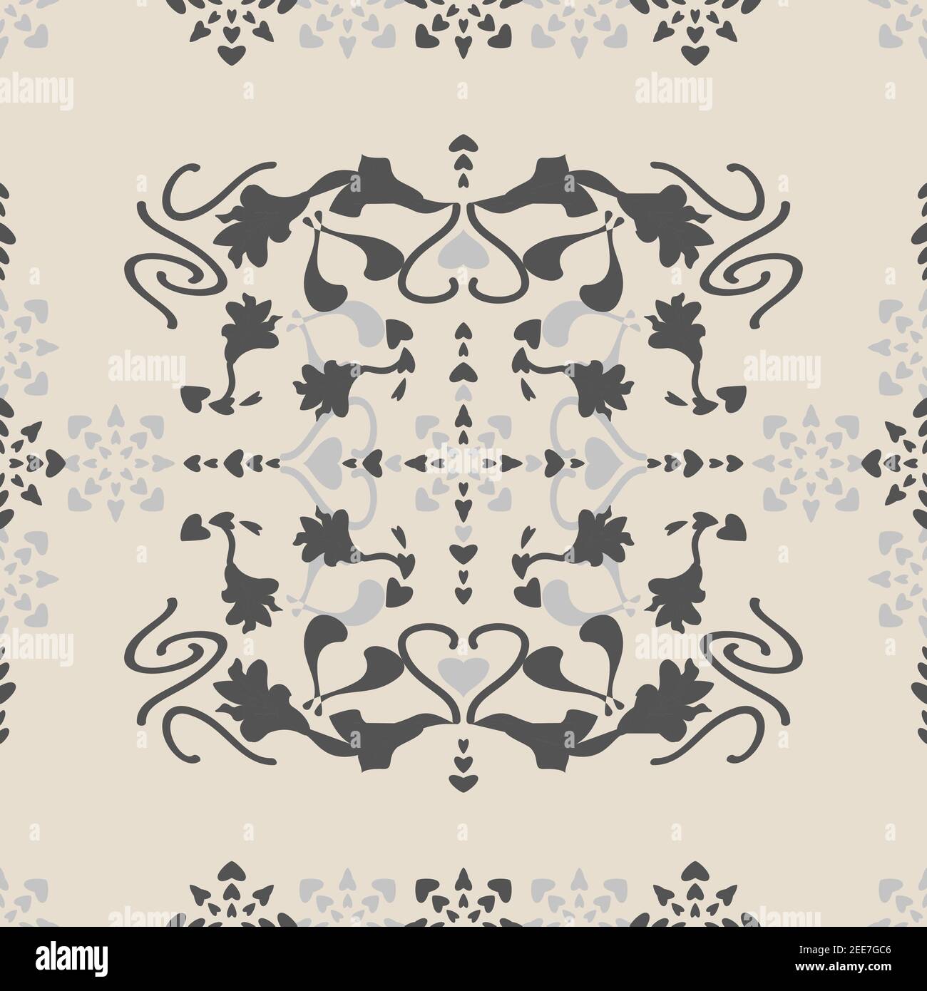 Seamless pattern floral with lily flowers and hearts. Cream ivory and Gray. Vector. Stock Vector