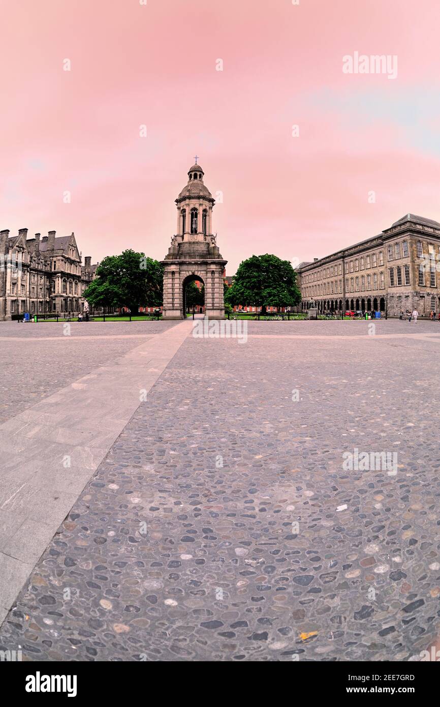 Dublin, Ireland. The Campanile on the campus quadrangle of Trinity College. Stock Photo