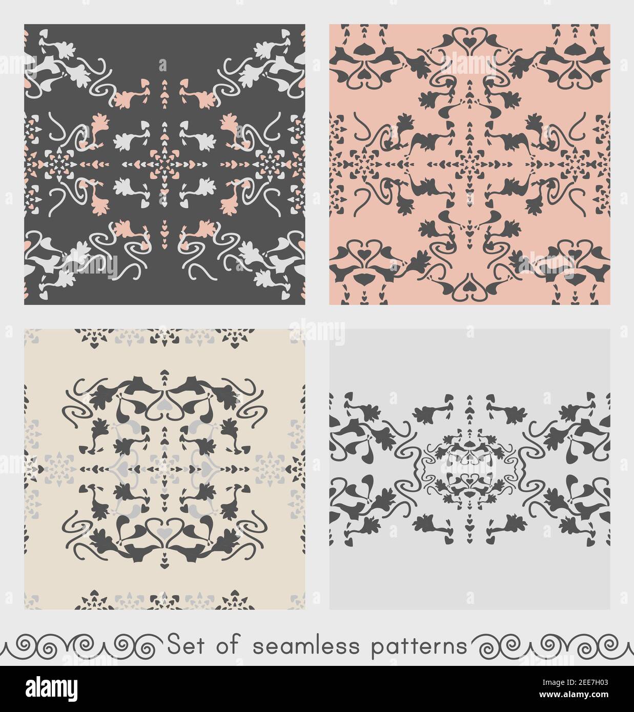 Set of seamless patterns floral with lily flowers and hearts. Gray, cream ivory and pastel orange. Vector. Stock Vector