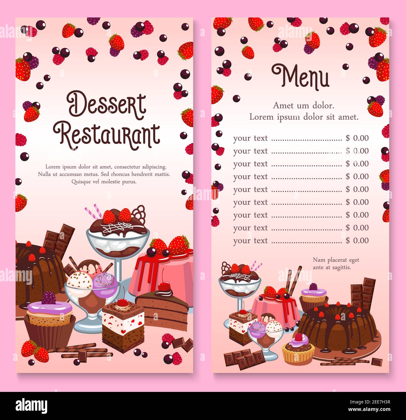 Pastry menu of cakes and cupcakes desserts. Vector price for patisserie