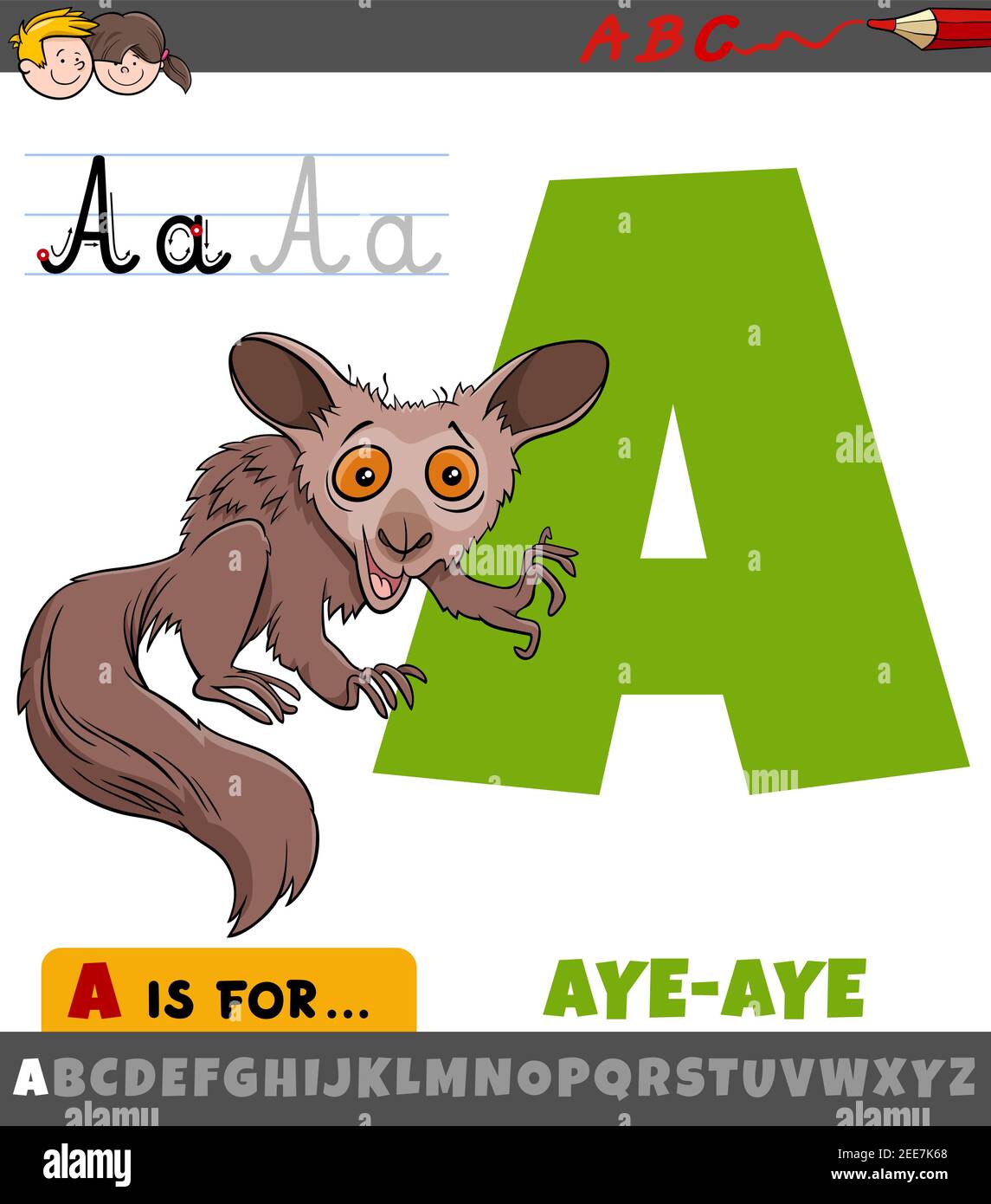 Educational cartoon illustration of letter A from alphabet with Aye-aye animal character for children Stock Vector
