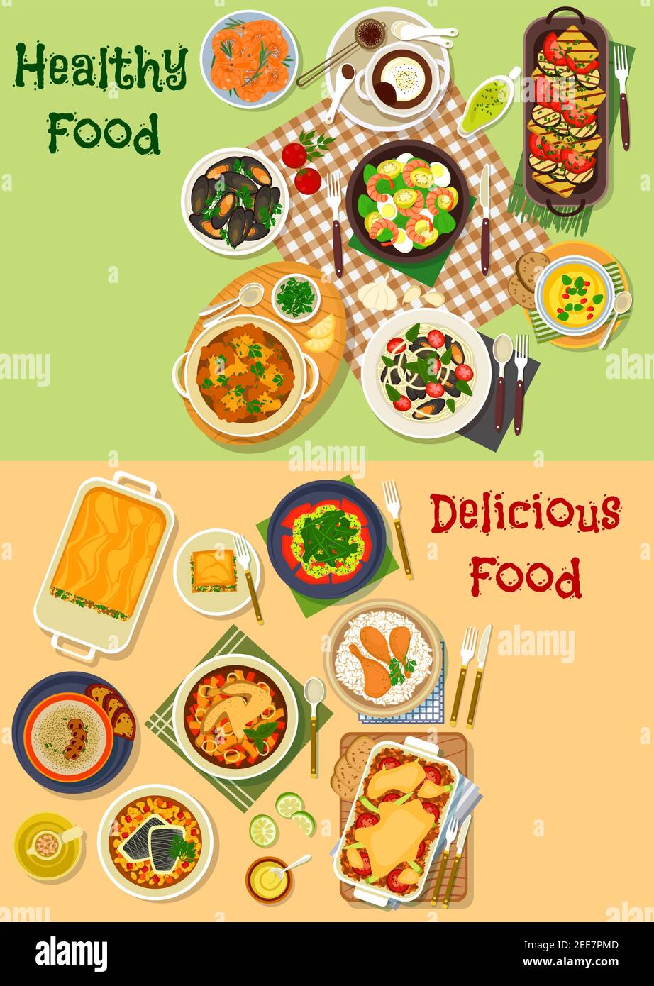 Meat and seafood dishes icon with chicken vegetable stew, shrimp salad, seafood pasta, lasagna, grilled vegetable salad, vegetable cheese soup, grille Stock Vector