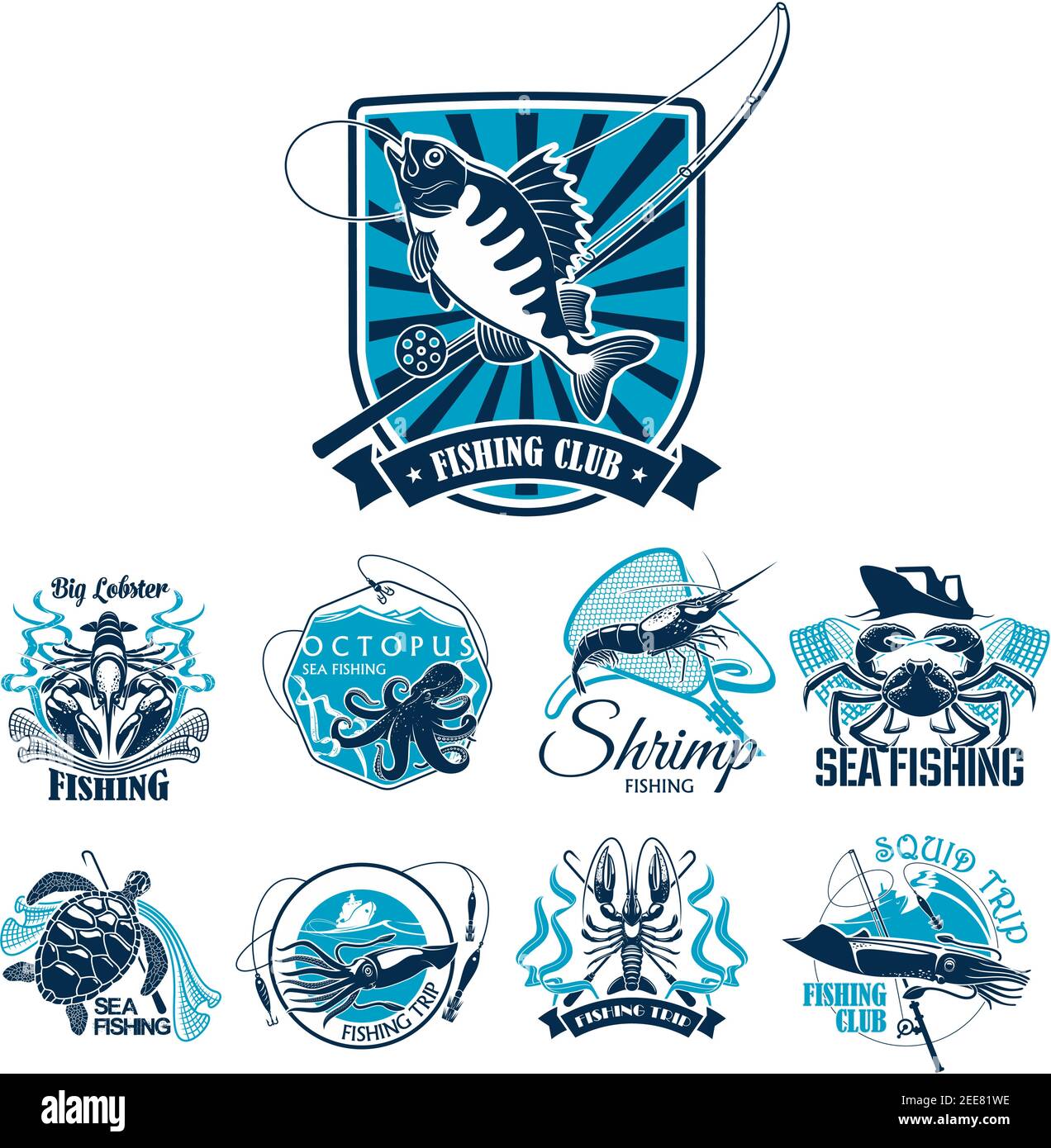 Fishing sport club and sea fishing trip badge set. Ocean fish, crab, shrimp, lobster, squid and sea turtle icon with fishing boat, net and tackle on h Stock Vector