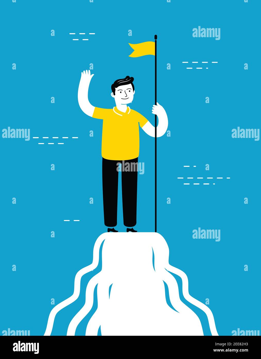 Businessman with flag on mountain peak. Business success concept vector ...