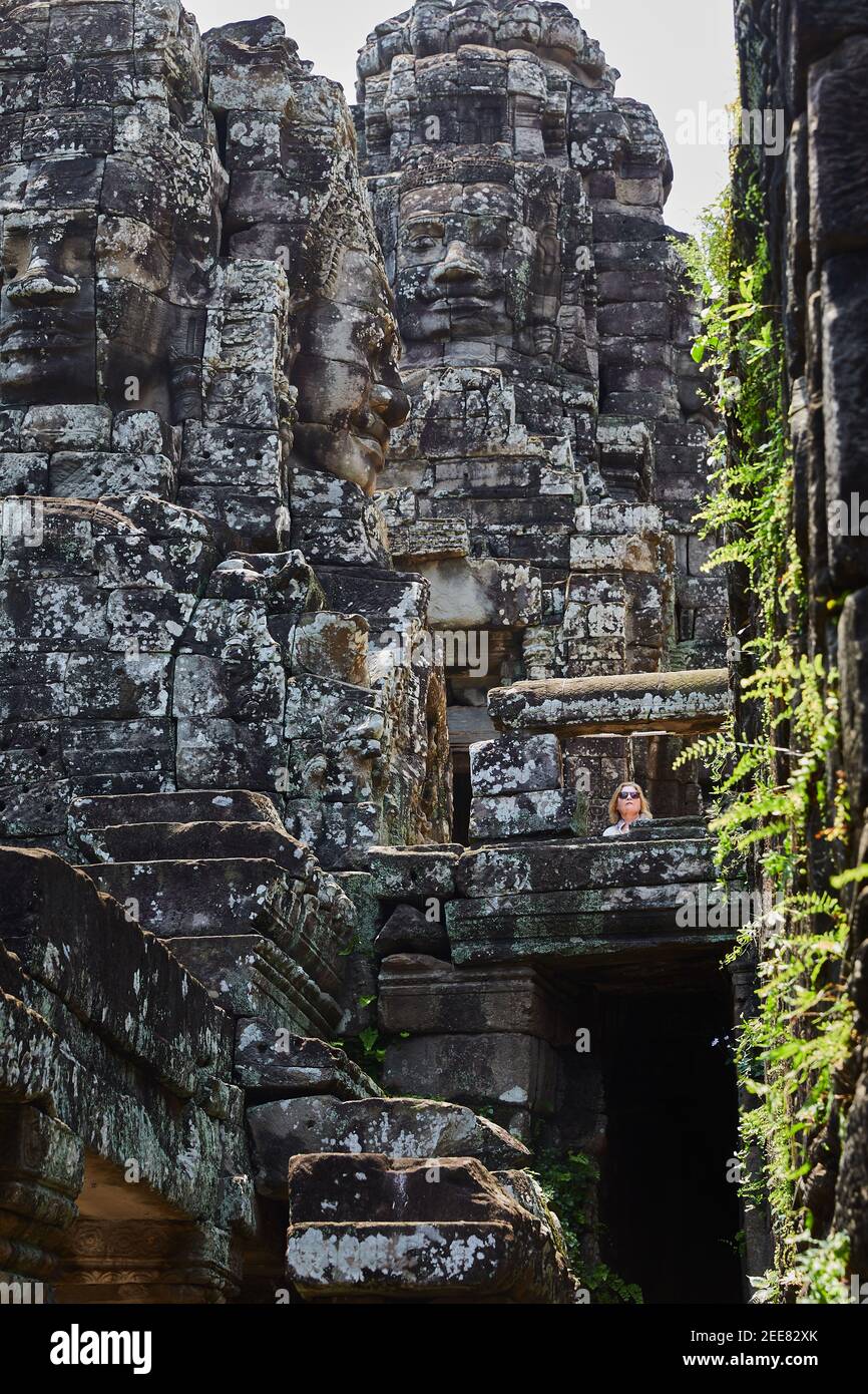 The Bayon Temple at the centre of Angkor Thom. Built by Jayavarman VII ...