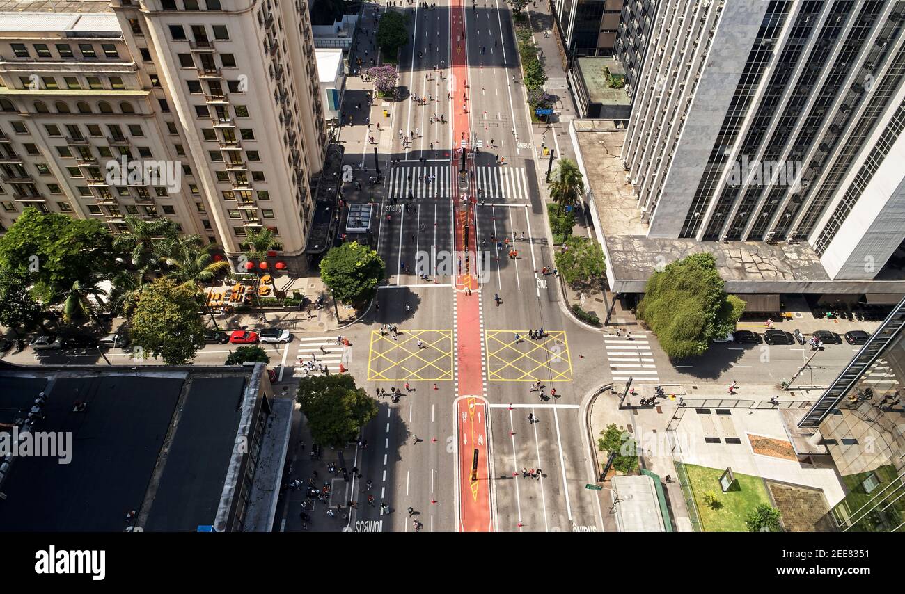 Top view of Avenida Paulista  in Sao Paulo city on sunny weekend. Stock Photo