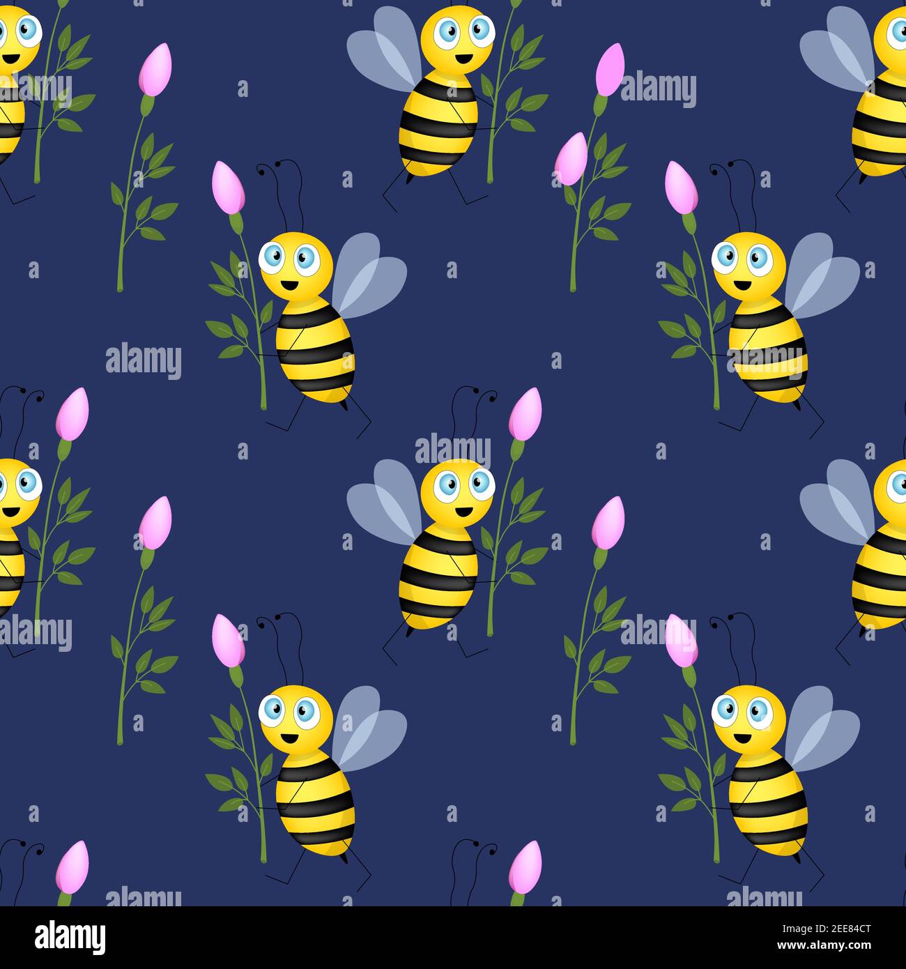 Seamless pattern with bees and flowers on blue background. Vector illustration. Adorable cartoon character. Template design for invitation, cards Stock Vector