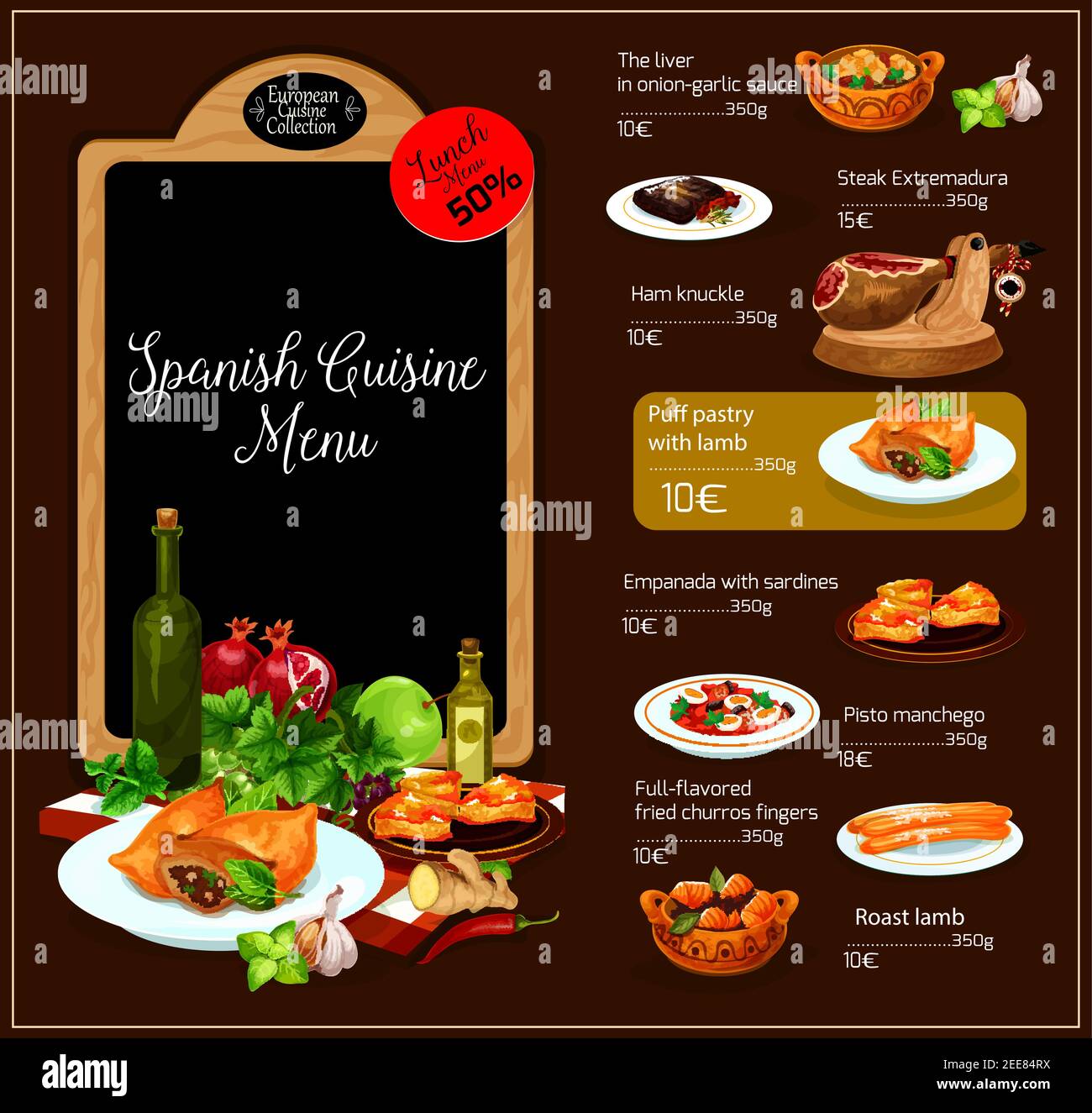 Spanish restaurant vector menu. Spain traditional cuisine design of soups,  meat hot dishes, vegetable salads and appetizer snacks and sweet desserts  Stock Vector Image & Art - Alamy