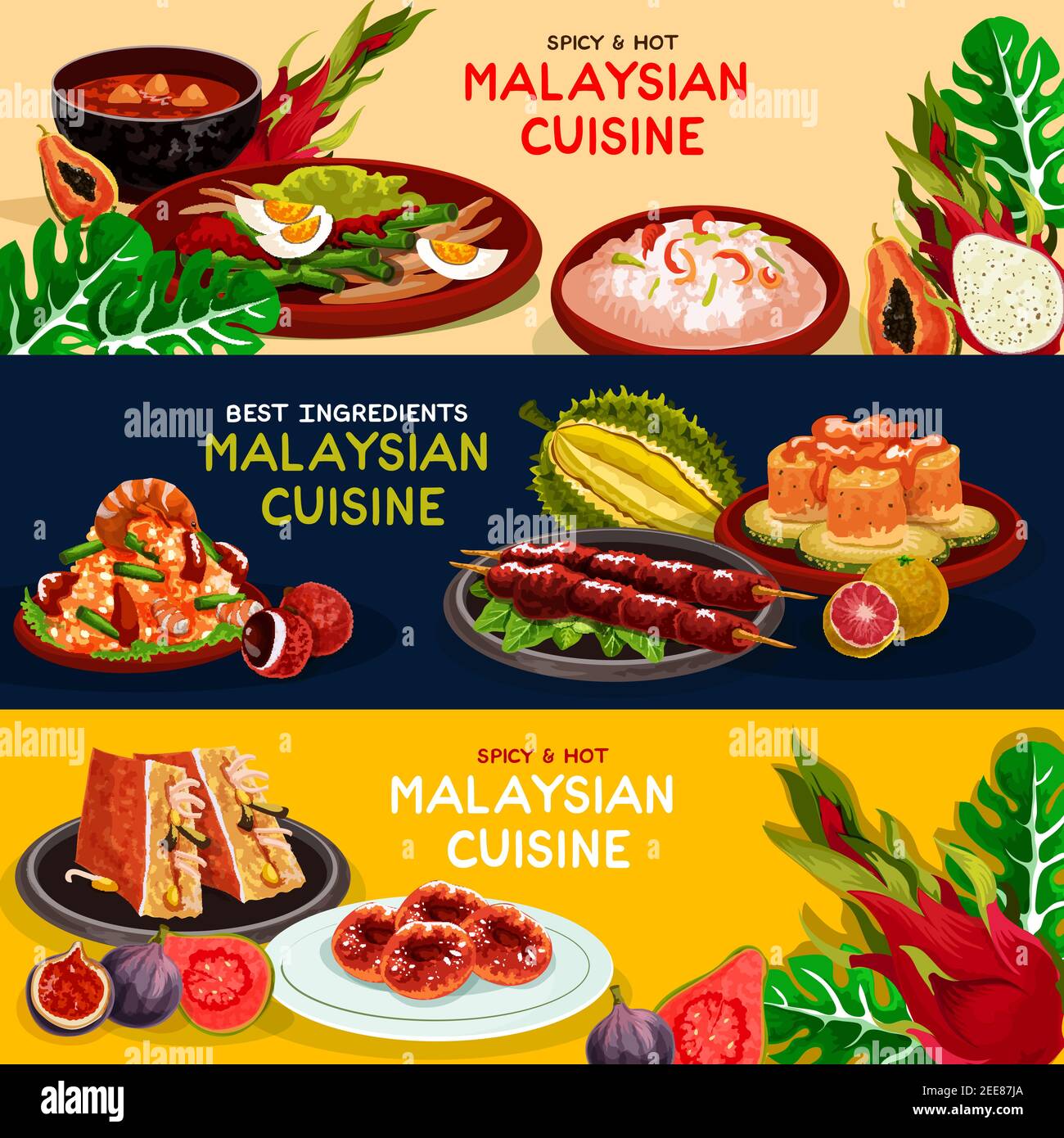 Malaysian Cuisine Restaurant Best Offer Banner Set Grilled Chicken Seafood Risotto Fried Rice Vegetable And Fish Salad Papaya Soup Stuffed Tofu Stock Vector Image Art Alamy