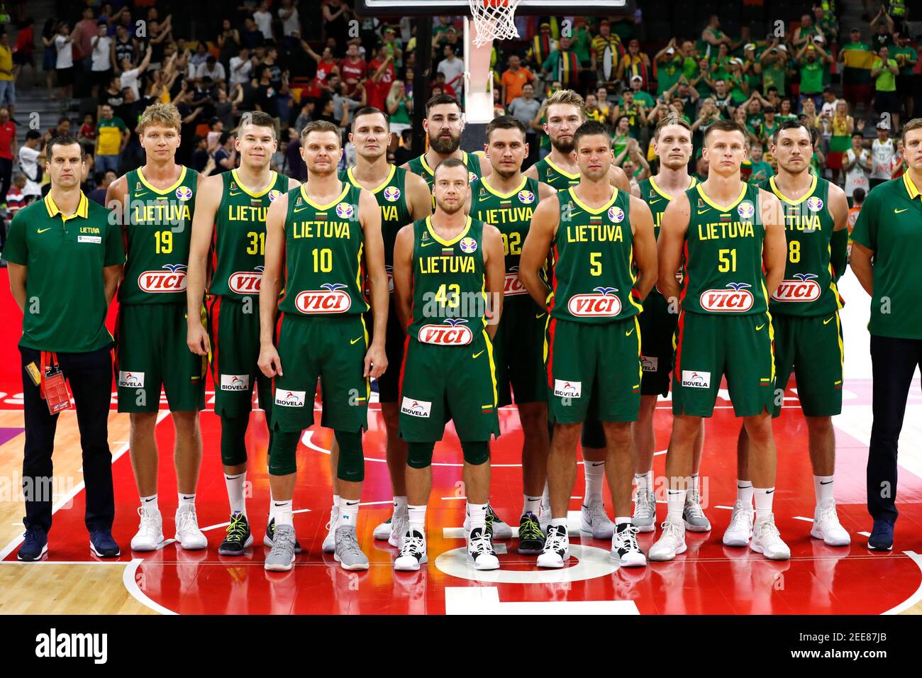 Basketball - FIBA World Cup - First Round - Group H - Senegal v Lithuania -  Dongguan Basketball Center, Dongguan, China - September 1, 2019 Lithuania  players pose for a team group