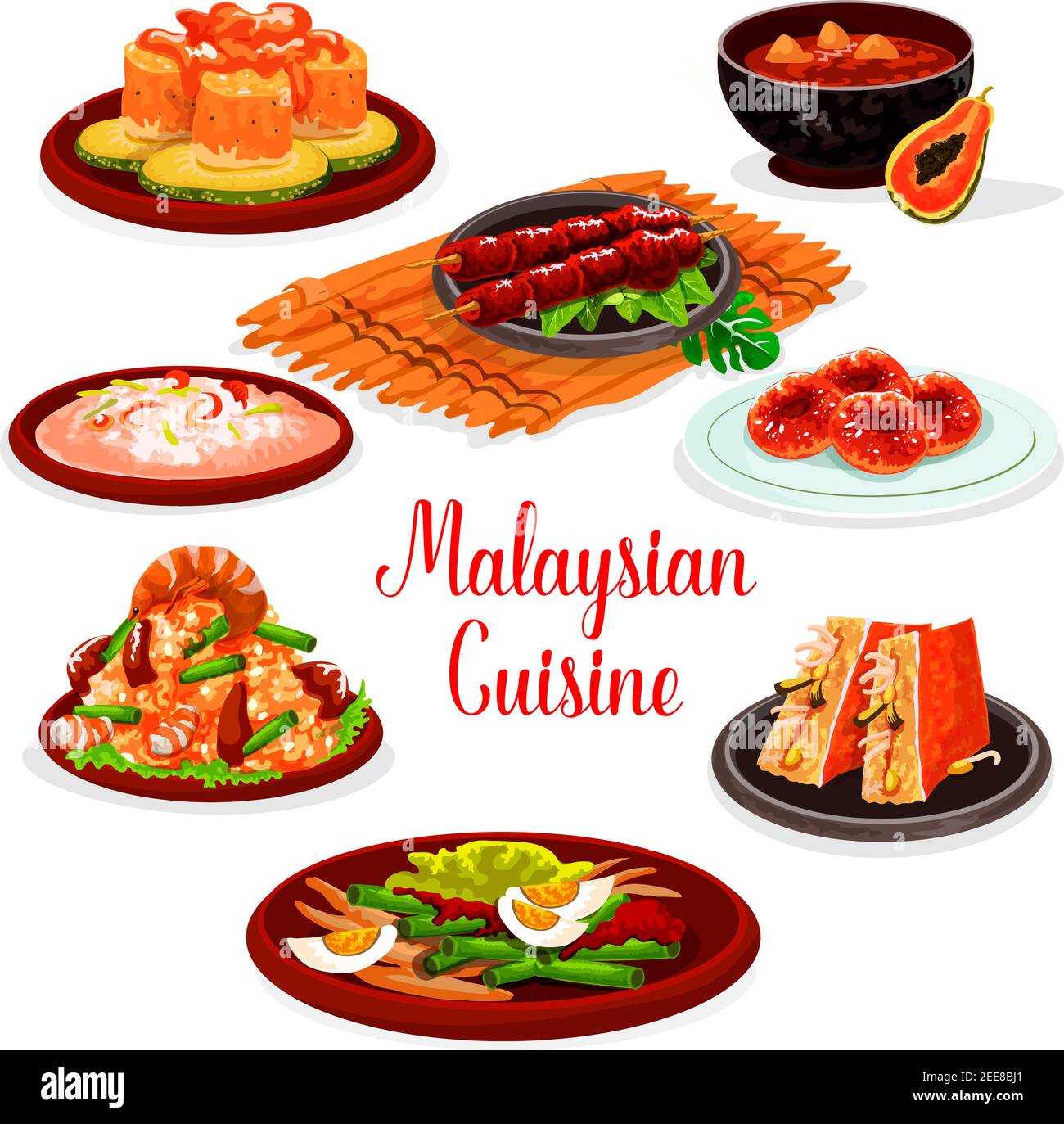 Malaysian cuisine restaurant menu with traditional asian food. Fried rice with shrimp and green bean, seafood risotto, grilled chicken, stuffed tofu, Stock Vector