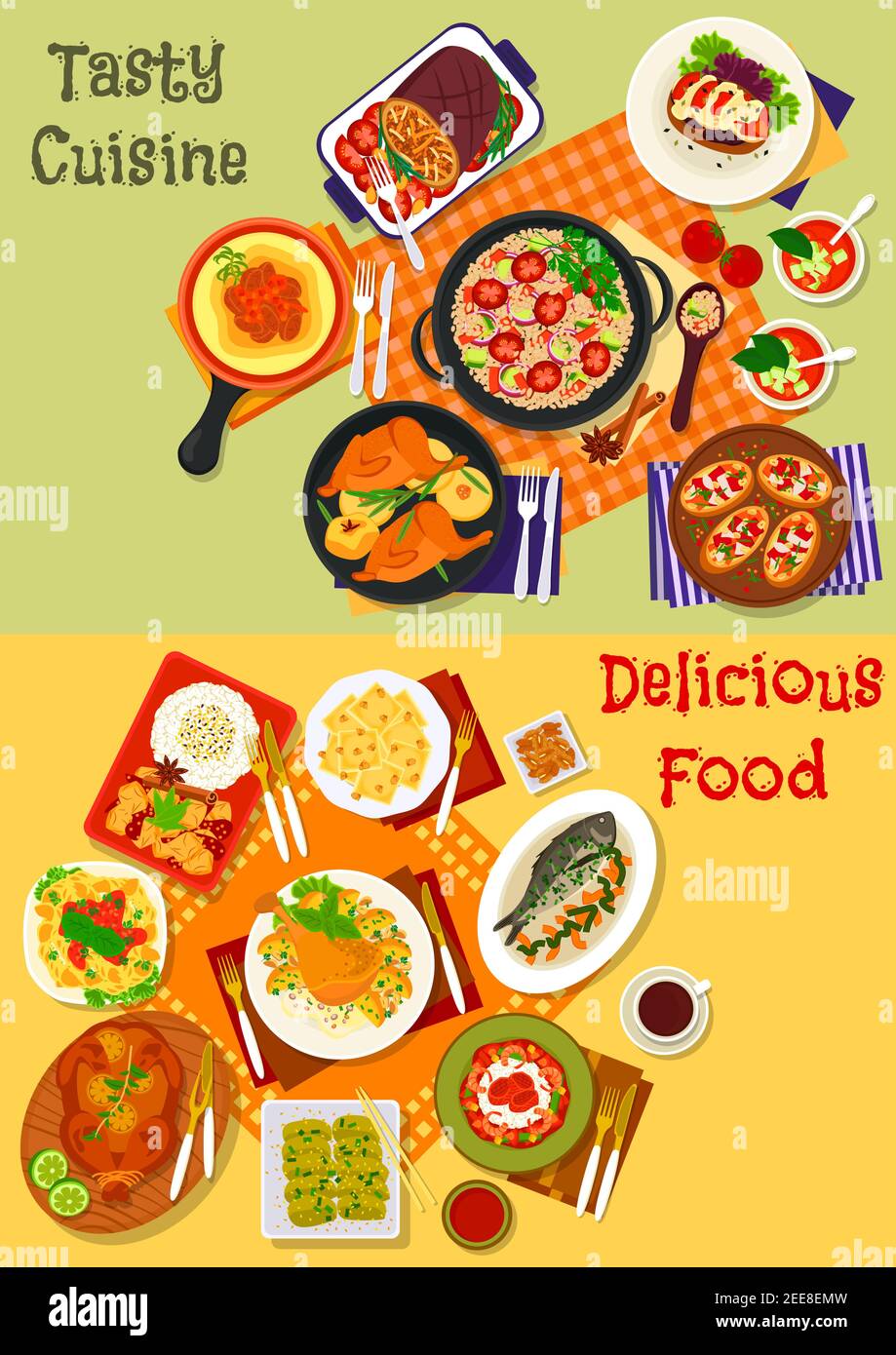 World cuisine popular dinner dishes icon set with italian pasta and pepper bruschetta, spanish tomato soup, seafood rice and vegetable salad, fried ch Stock Vector