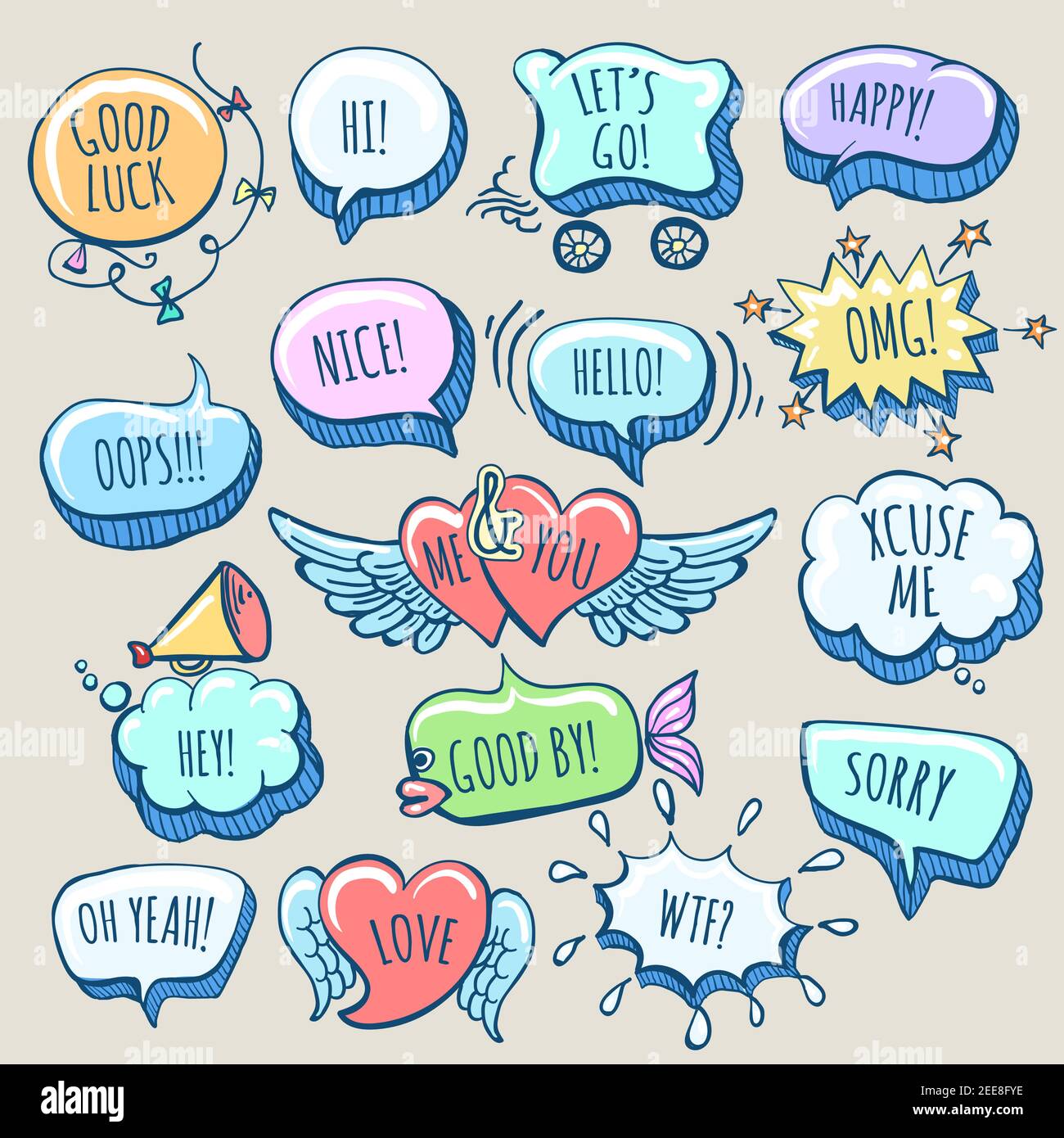 Set of Hand Drawn Doodle Cartoon Speech Bubbles with wordings. Vector illustration. Stock Vector