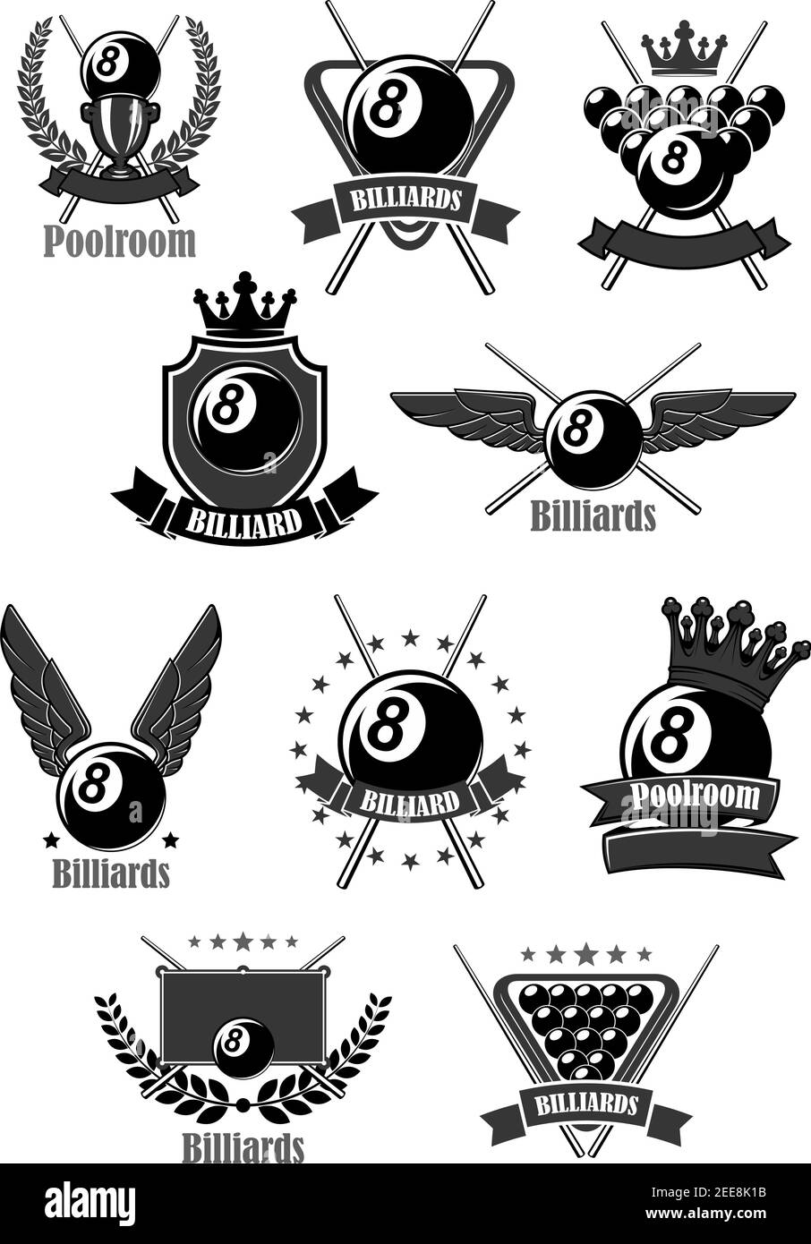 Billiards club or poolroom sport game vector icons set. Badges for pool play championship awards or contest tournament with symbols of cues and balls, Stock Vector