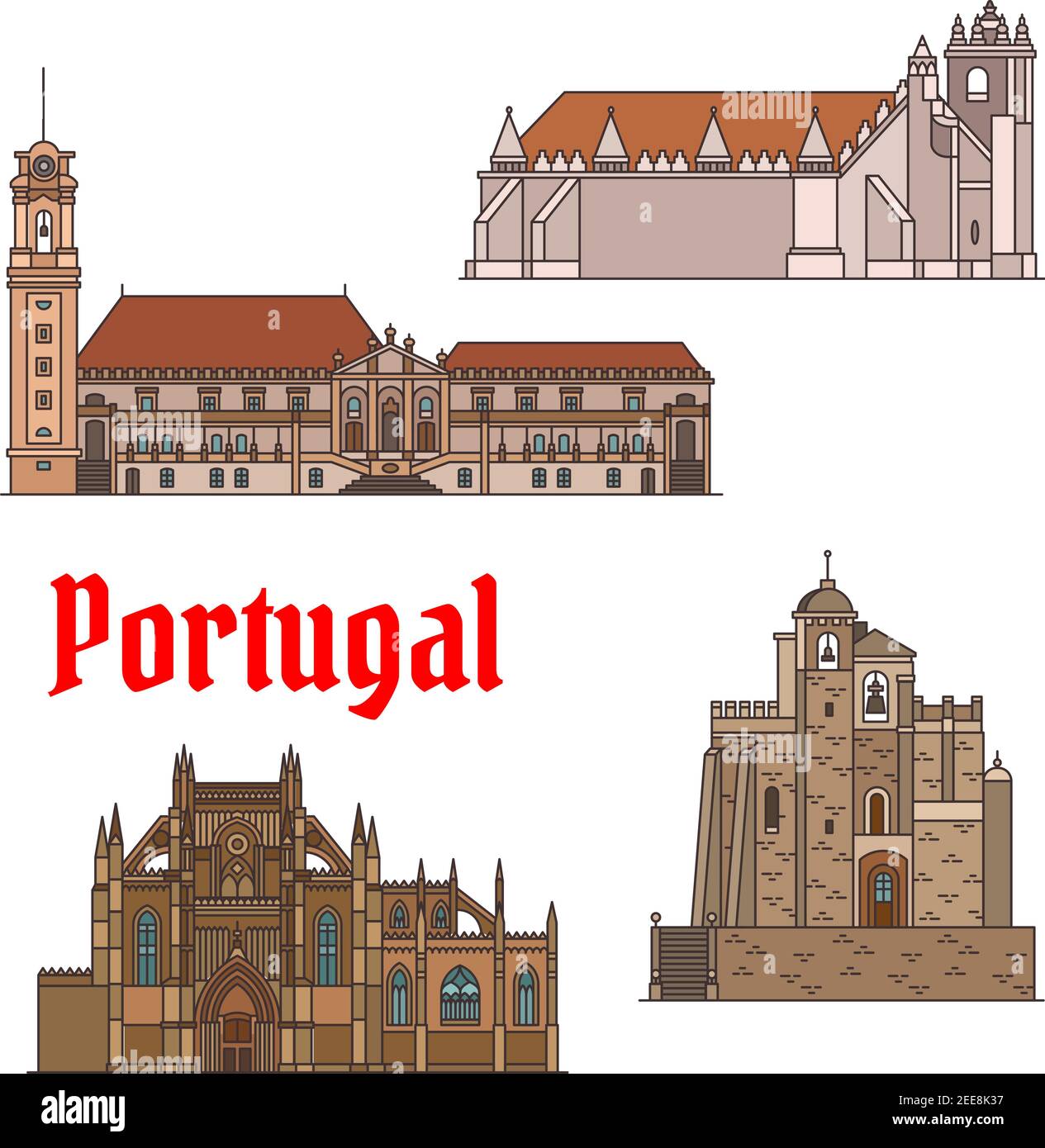 Portuguese travel landmarks of religious architecture thin line icon set. Roman Catholic Convent of Christ, Cathedral of Aveiro, Church in Mertola, Mo Stock Vector