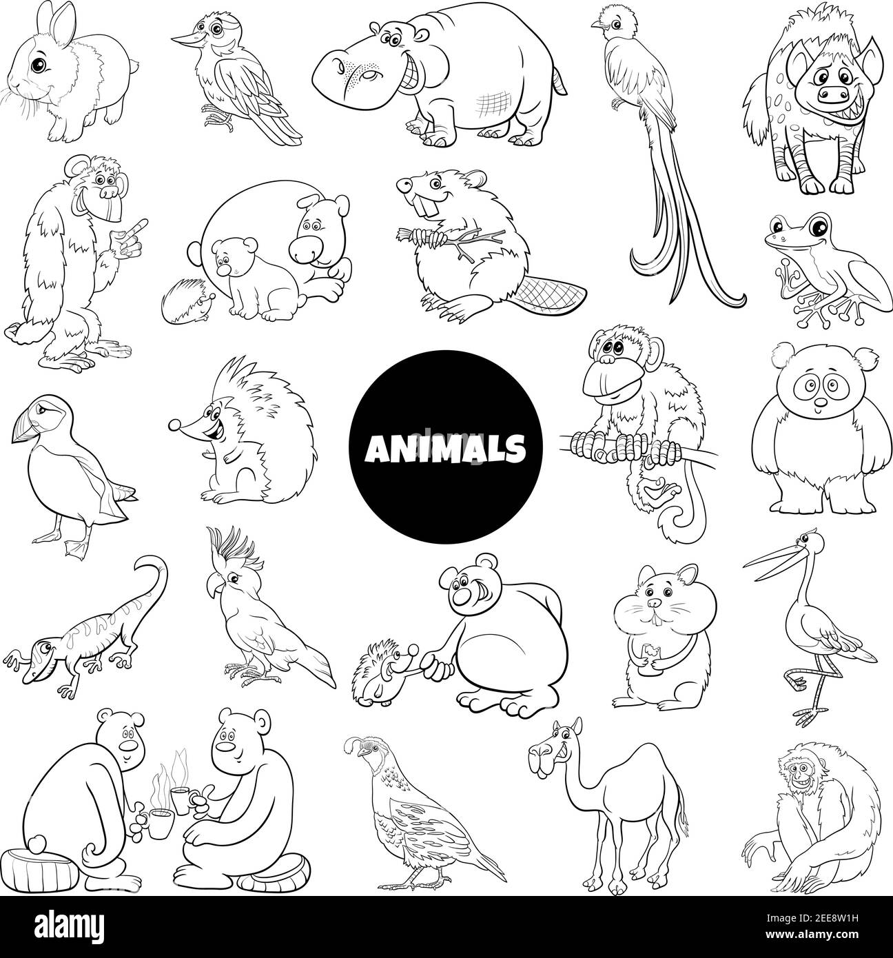 Black and white cartoon illustration of funny wild animal characters big set Stock Vector