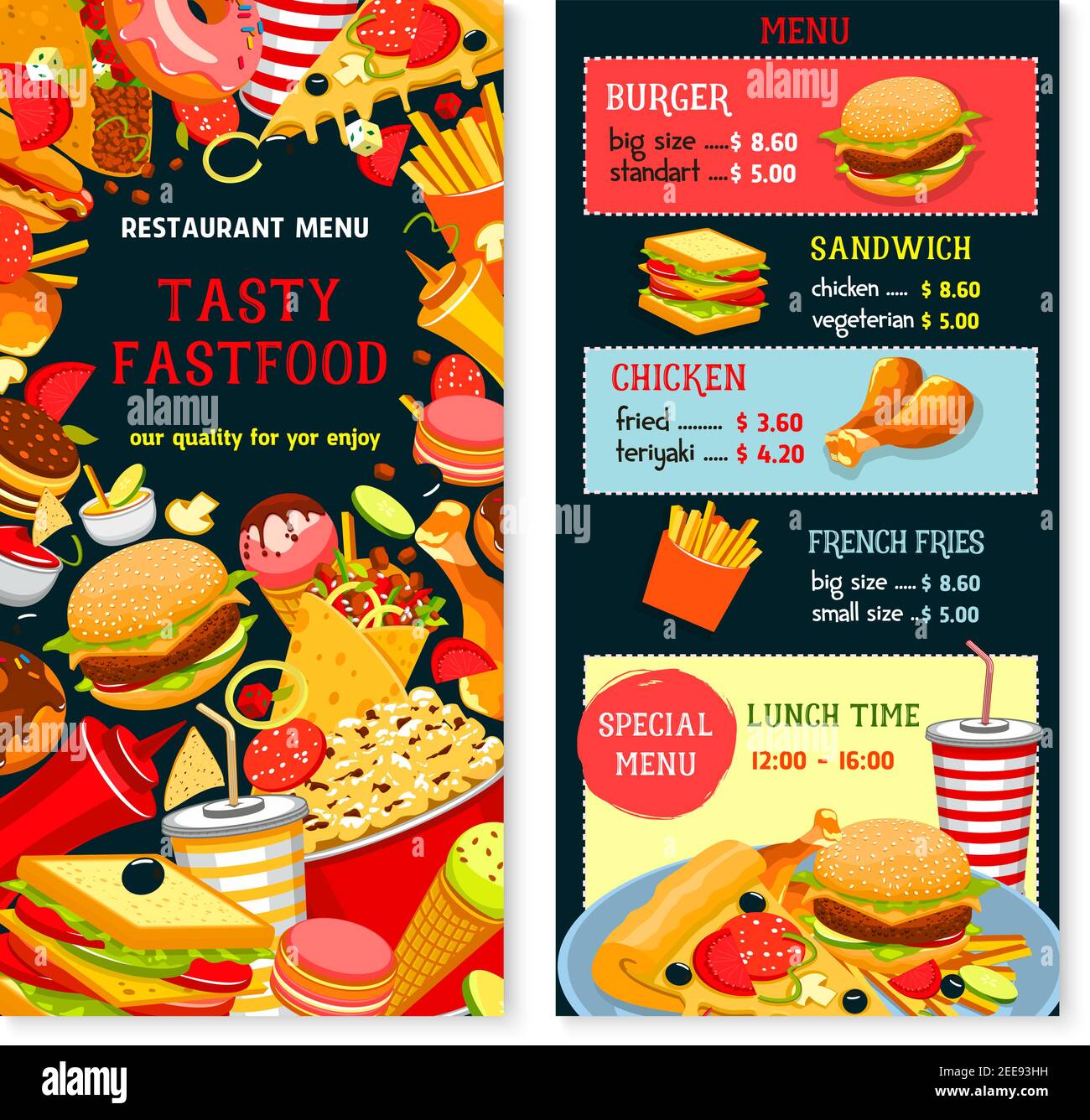 Fast food vector menu with lunch time combo offer. Fastfood snacks