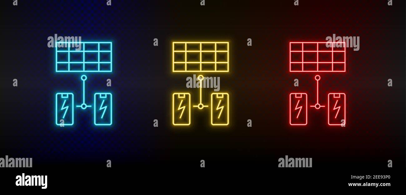 Neon icon set solar, battery. Set of red, blue, yellow neon vector icon Stock Vector