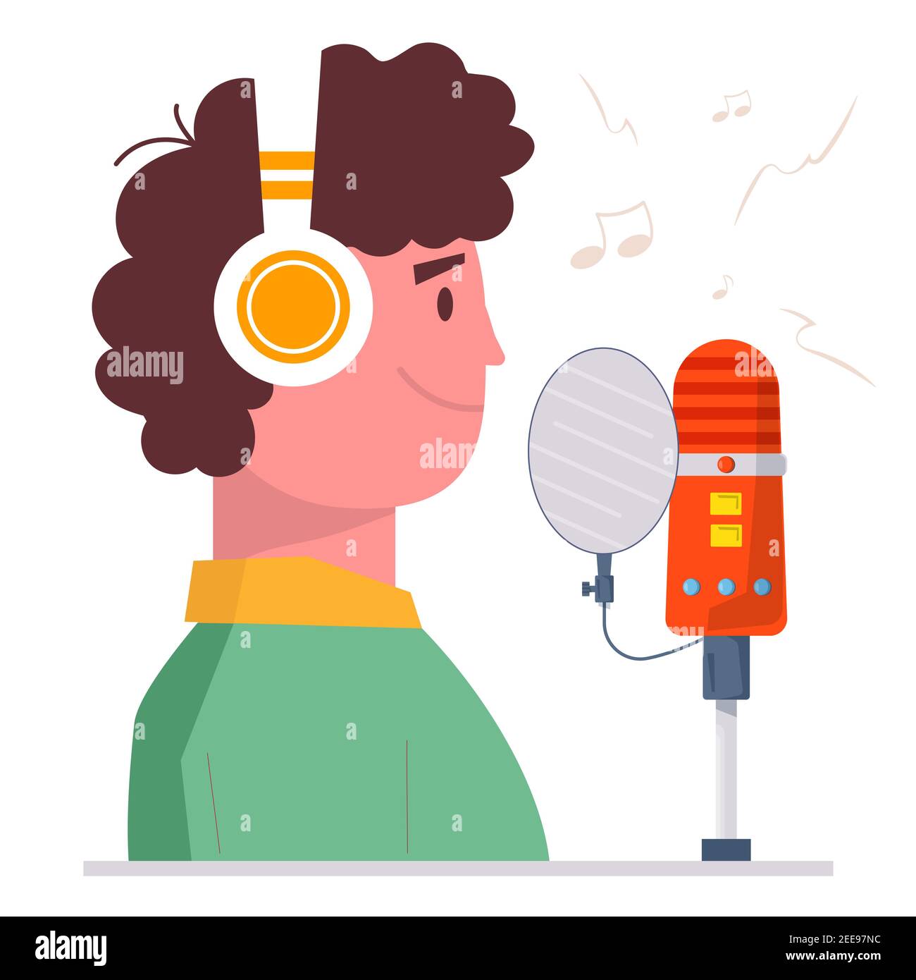 Voice recording studio. Man in headphones standing with headphones and singing flat style concept. Boy records new song. Karaoke party. Flat vector il Stock Vector
