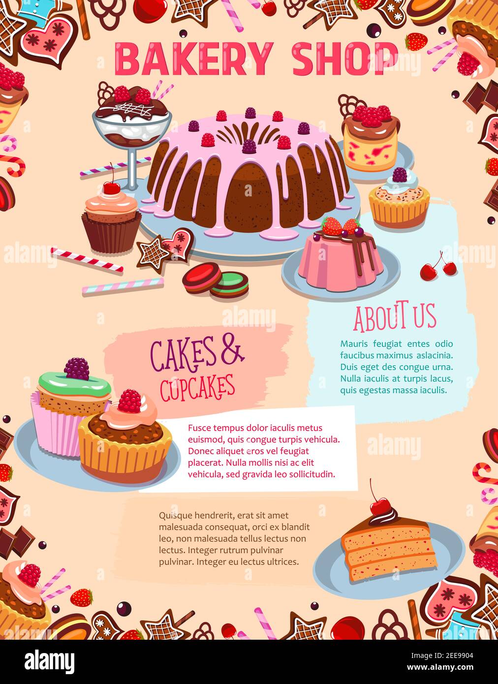 Bakery shop desserts and pastry cakes vector poster. Chocolate tiramisu