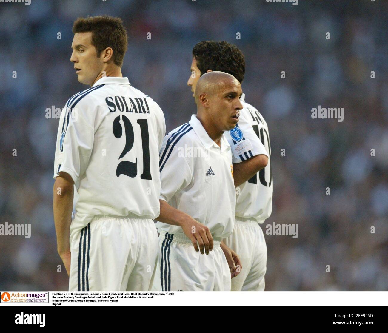 Football Uefa Champions League Semi Final 2nd Leg Real Madrid V Barcelona 1 5 02 Roberto Carlos Santiago Solari And Luis Figo Real Madrid In A 3 Football Uefa Champions League Semi Final 2nd Leg Real Madrid V Barcelona 1 5 02 Roberto Carlos Santiago Solari And Luis Figo Real Madrid In A 3