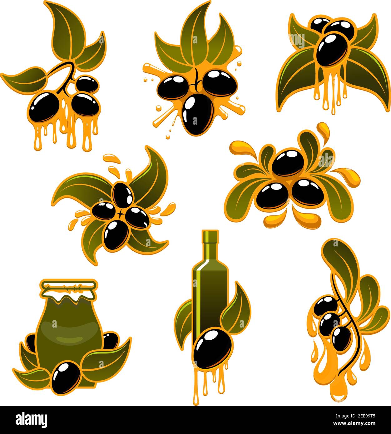 Olive oil and olives vector icons. Symbols of fresh black olives on ...