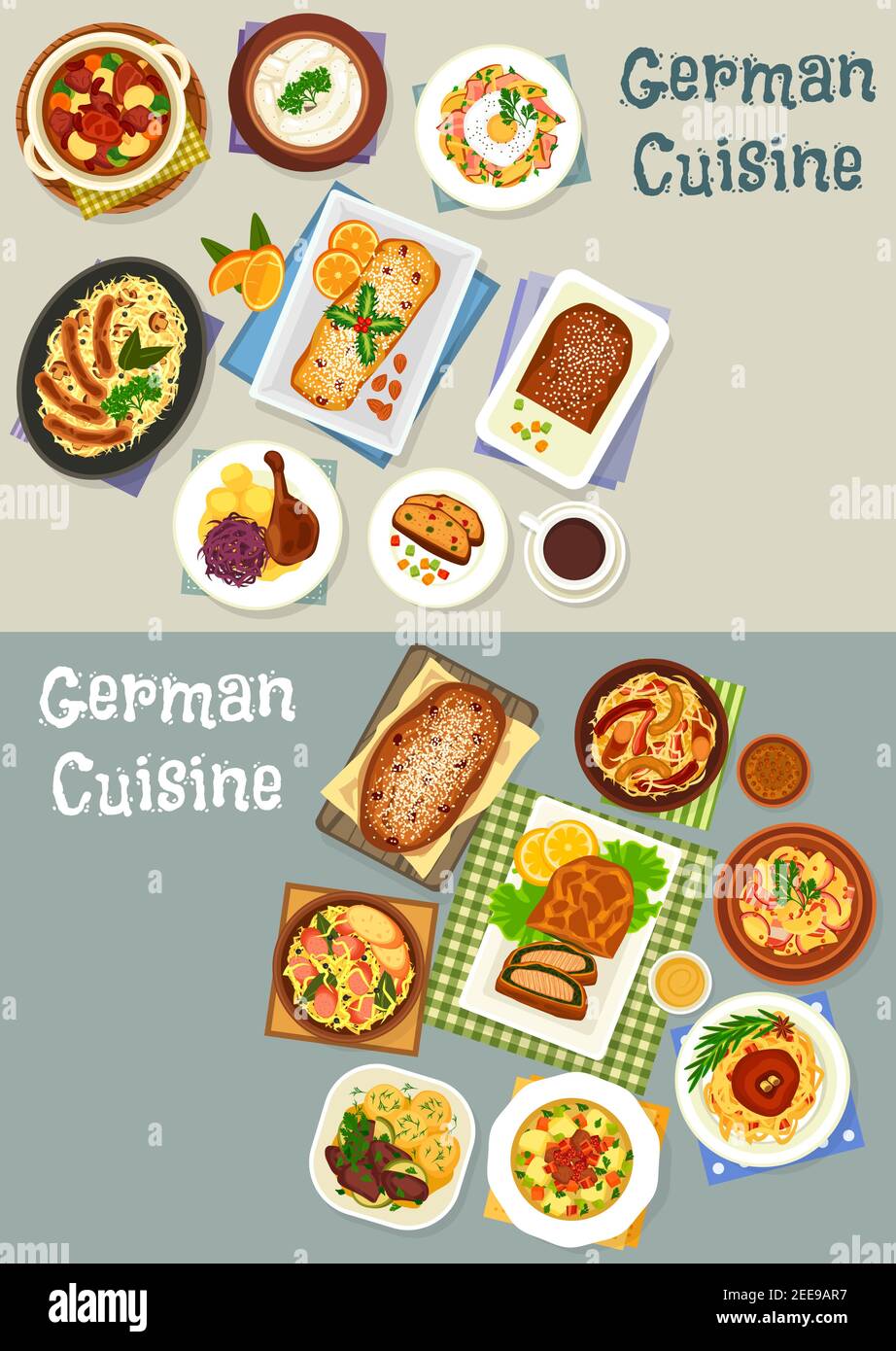 German cuisine festive dinner icon set of cabbage stew with pork sausage, potato bacon salad, baked goose, sweet bread and fruit cake, fish pie, fried Stock Vector