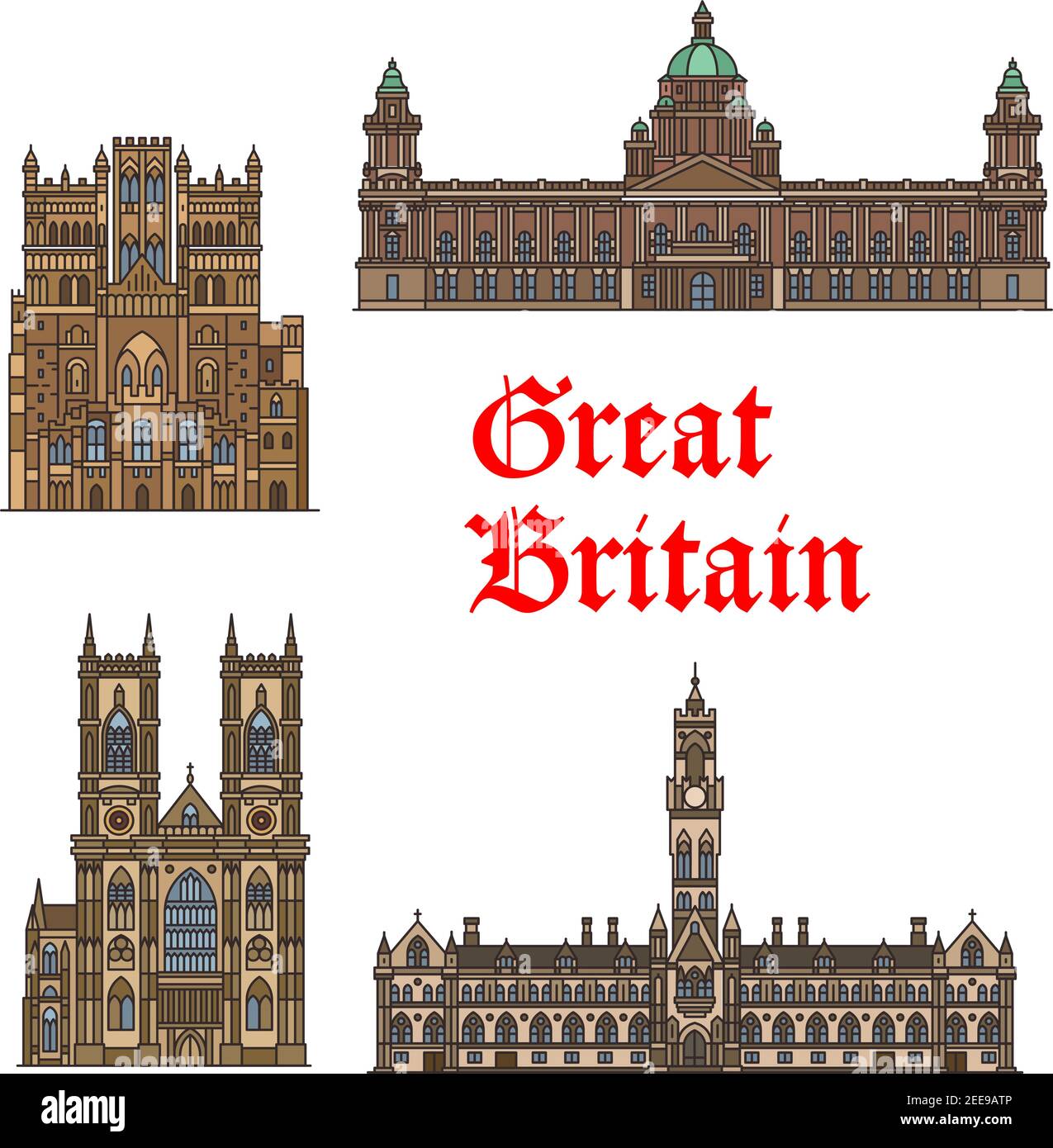 English travel landmark of Great Britain icon set. Gothic church Westminster Abbey, Durham Cathedral, Bradford City Hall and Belfast City Hall thin li Stock Vector