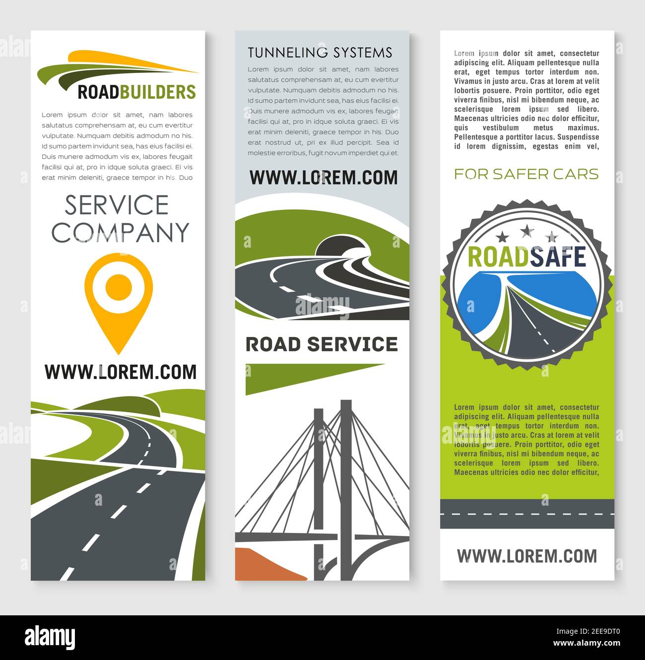 Road construction and development company banner set. Road bridge and