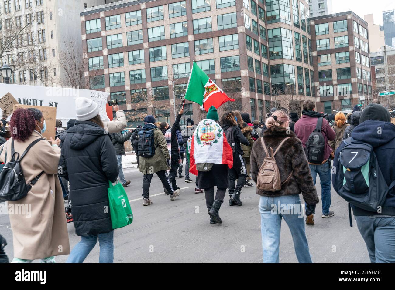 New York, NY - February 15, 2021: Protesters rally and march against ICE and for Javier Castillo Maradiaga in Manhattan Stock Photo