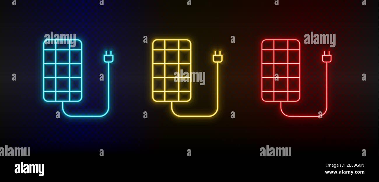 Neon icon set solar, charger. Set of red, blue, yellow neon vector icon Stock Vector