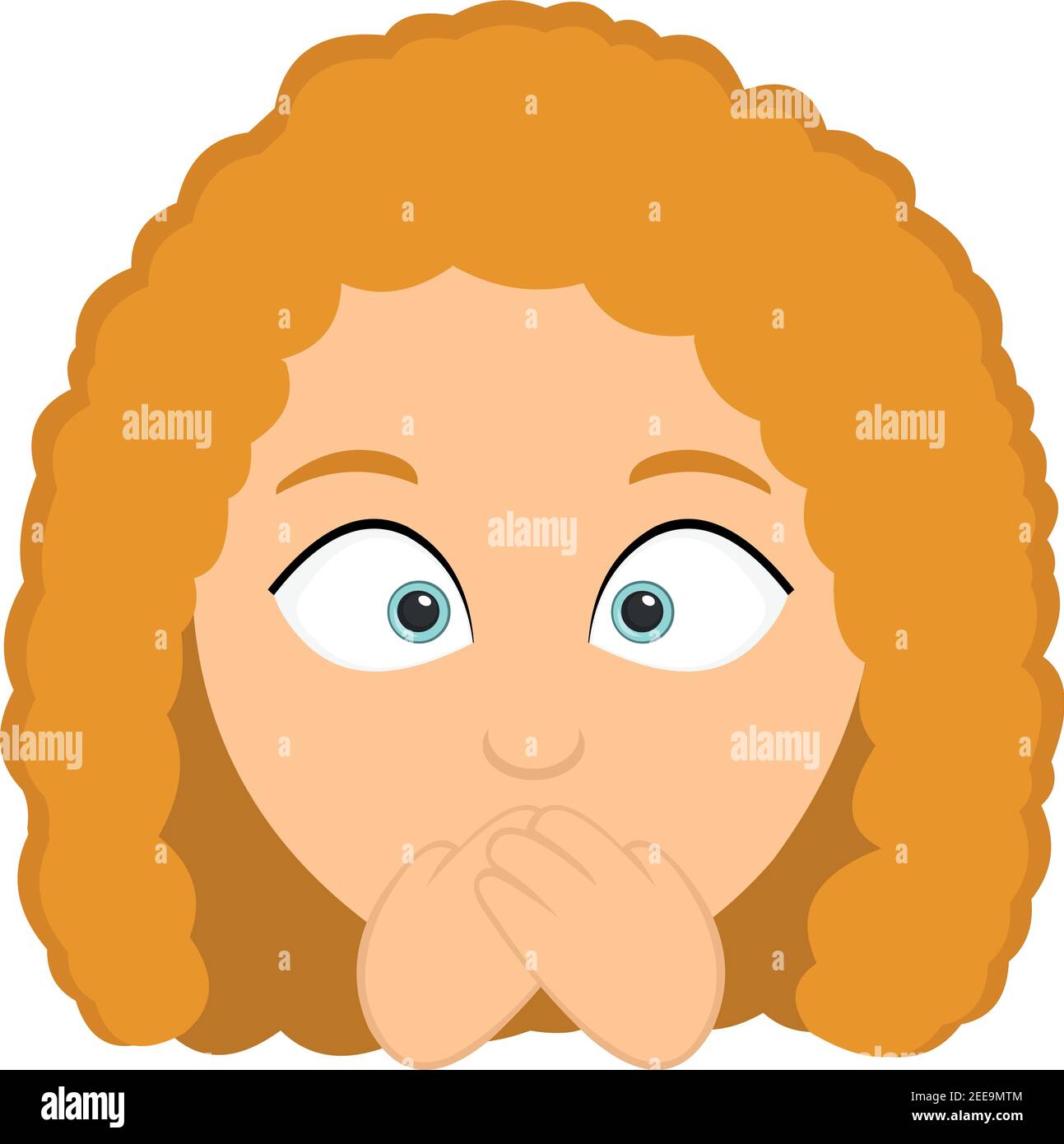 Vector emoticon illustration of a woman's head with her mouth covered with her hands Stock Vector