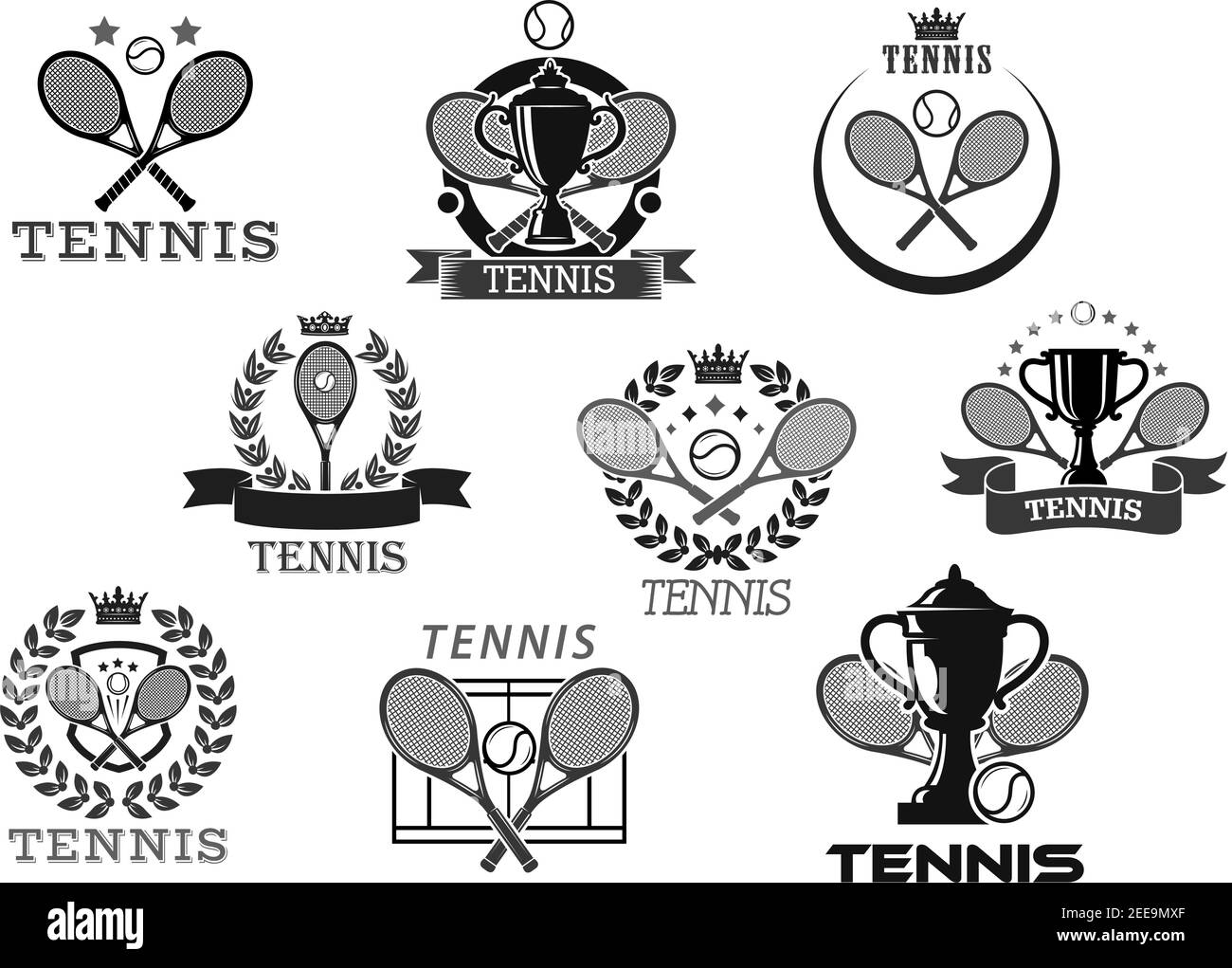 Tennis club vector icons or tournament badges. Isolated symbols of tennis  ball and crossed rackets, victory cup and champion winner laurel wreath or  r Stock Vector Image & Art - Alamy
